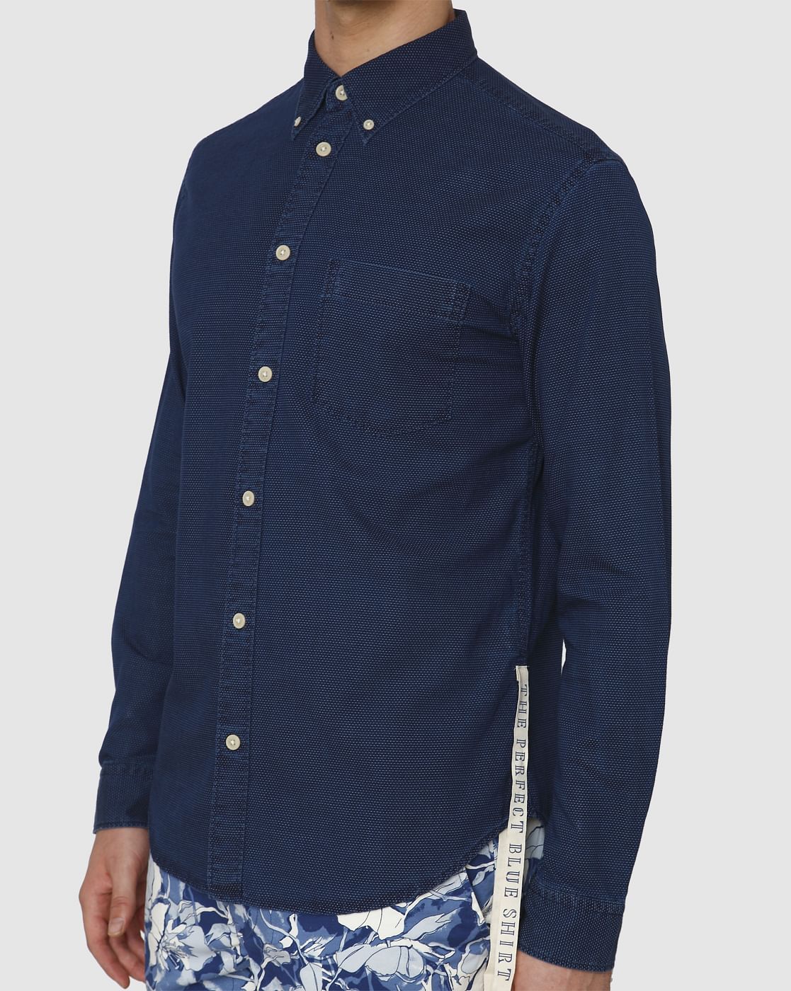Dark Blue Dotted Side Tape Detail Slim Fit Full Sleeves Shirt