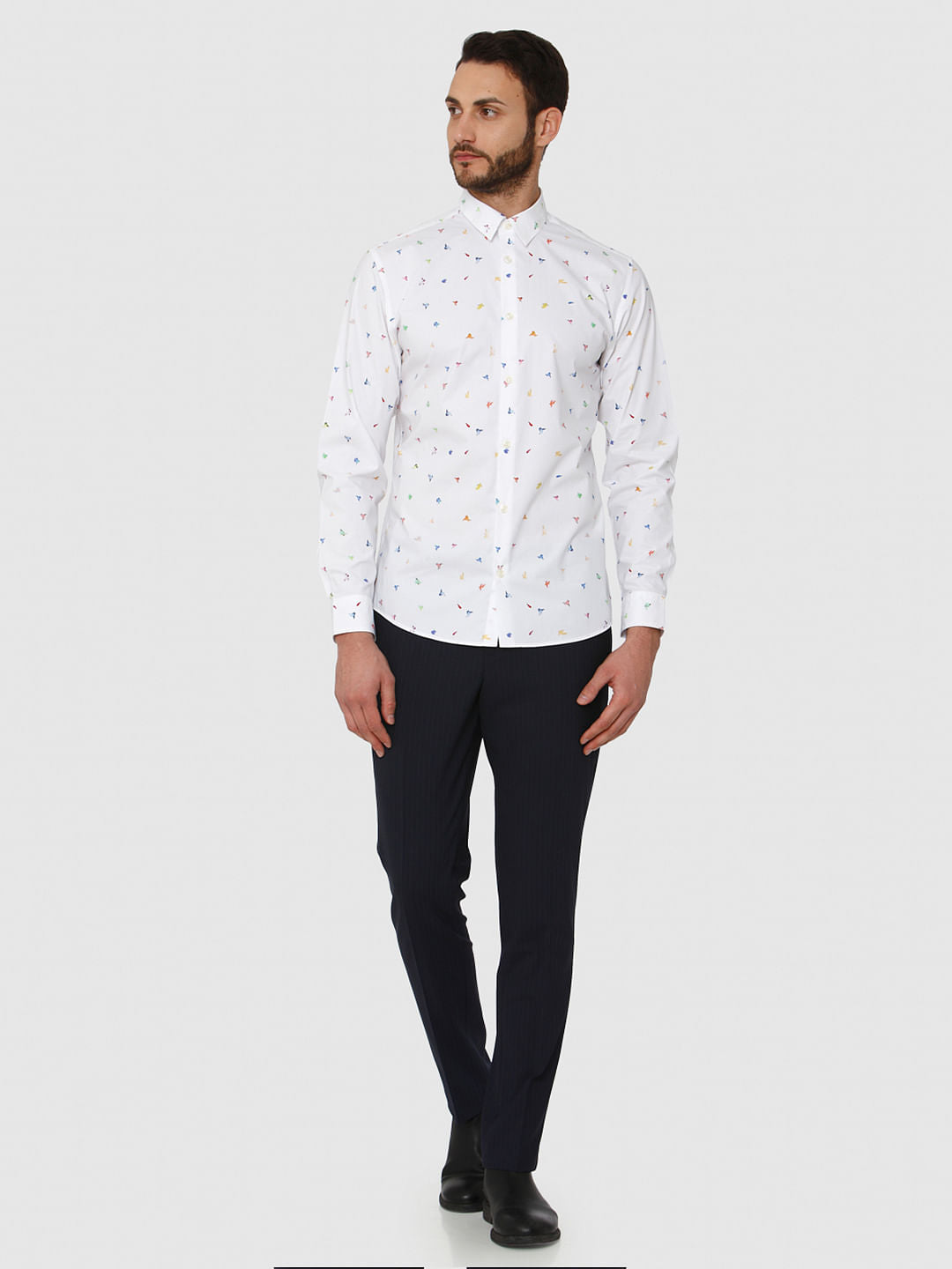 White All Over Print Slim Fit Full Sleeves Shirt