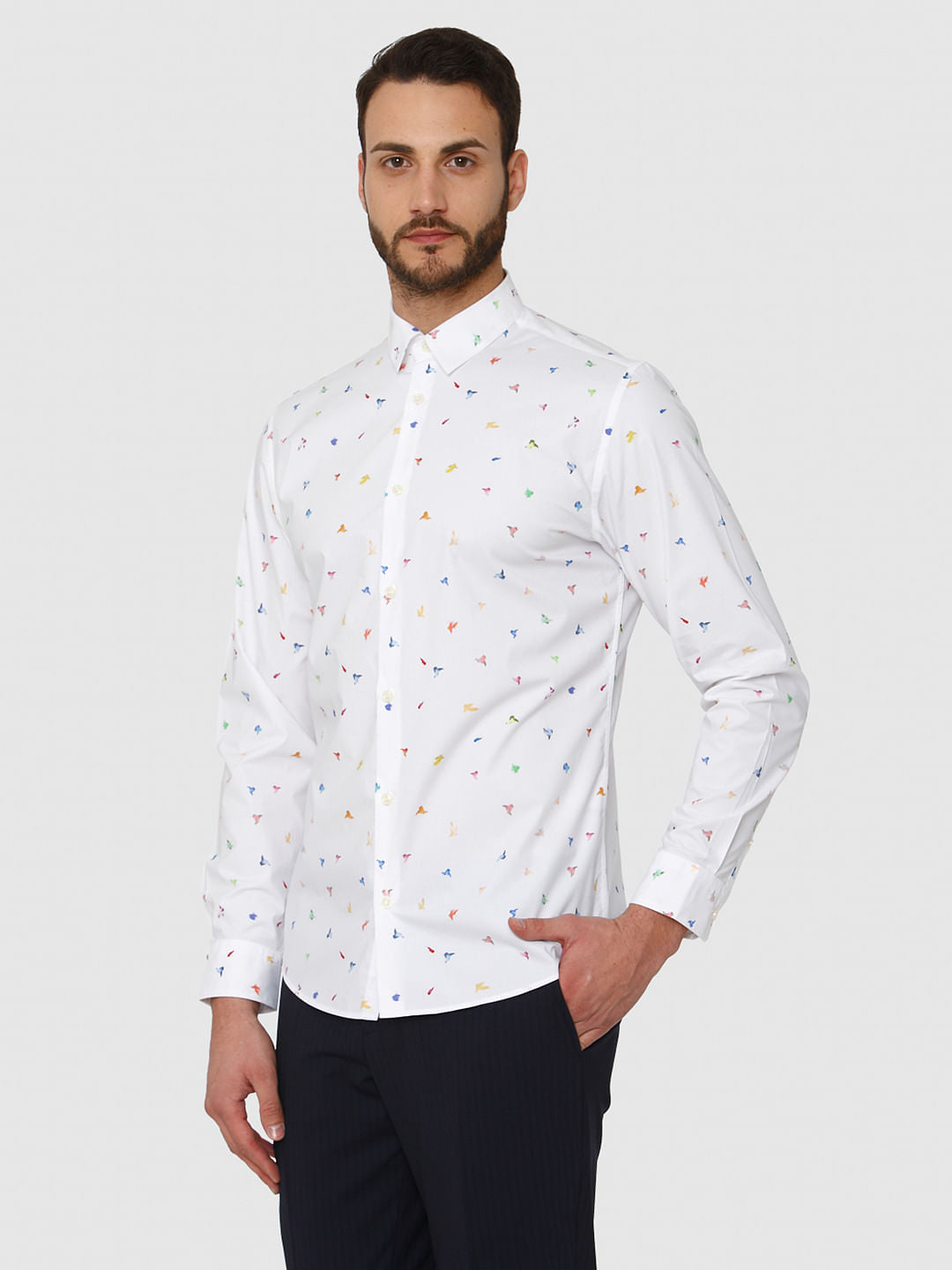 White All Over Print Slim Fit Full Sleeves Shirt