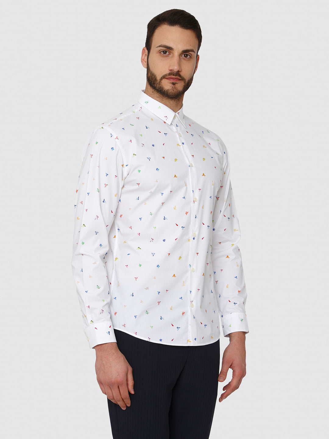 White All Over Print Slim Fit Full Sleeves Shirt