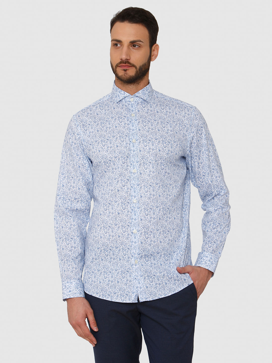 Light Blue All Over Print Slim Fit Full Sleeves Shirt