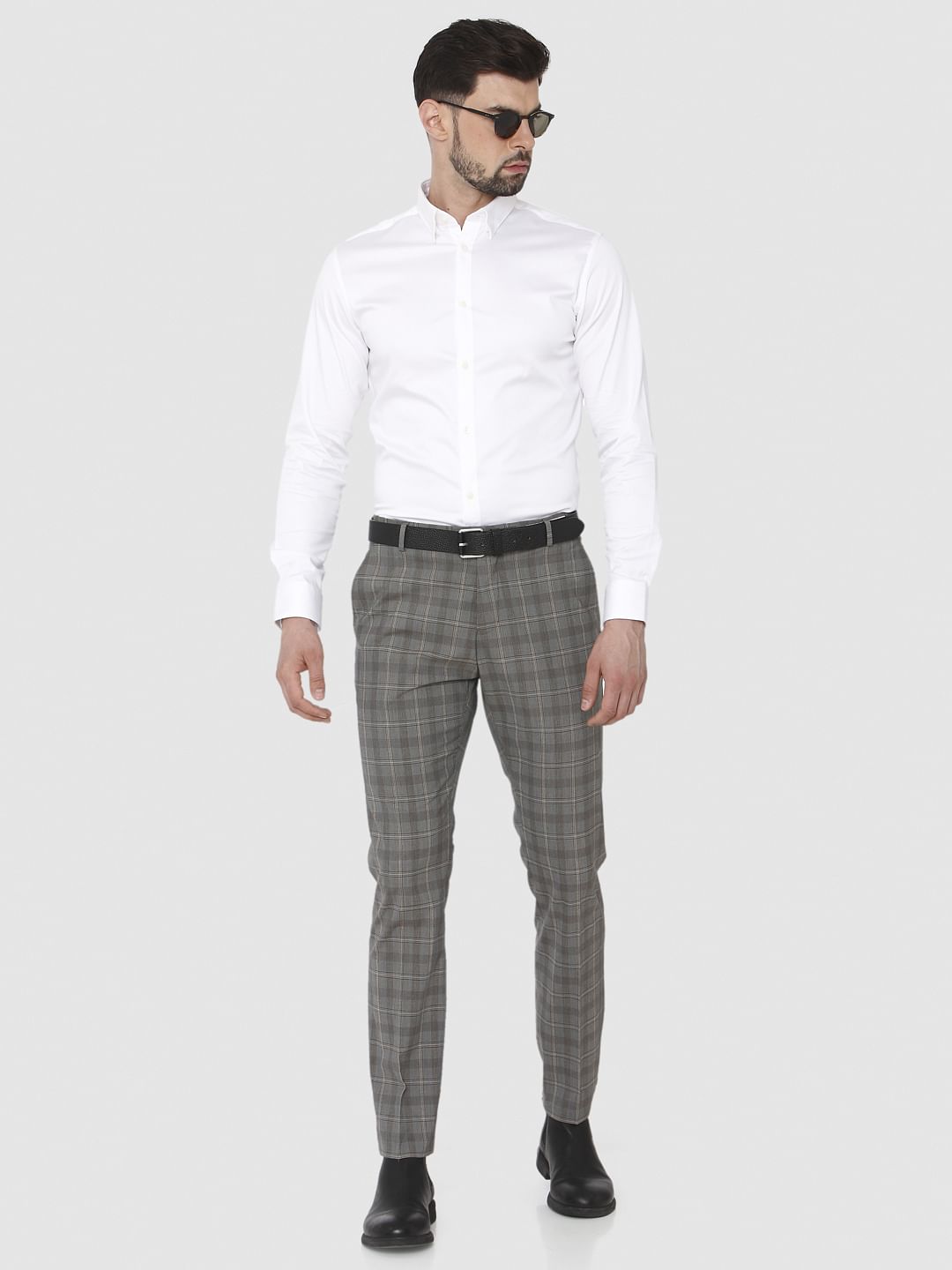 Grey Check Slim Fit Formal Trousers