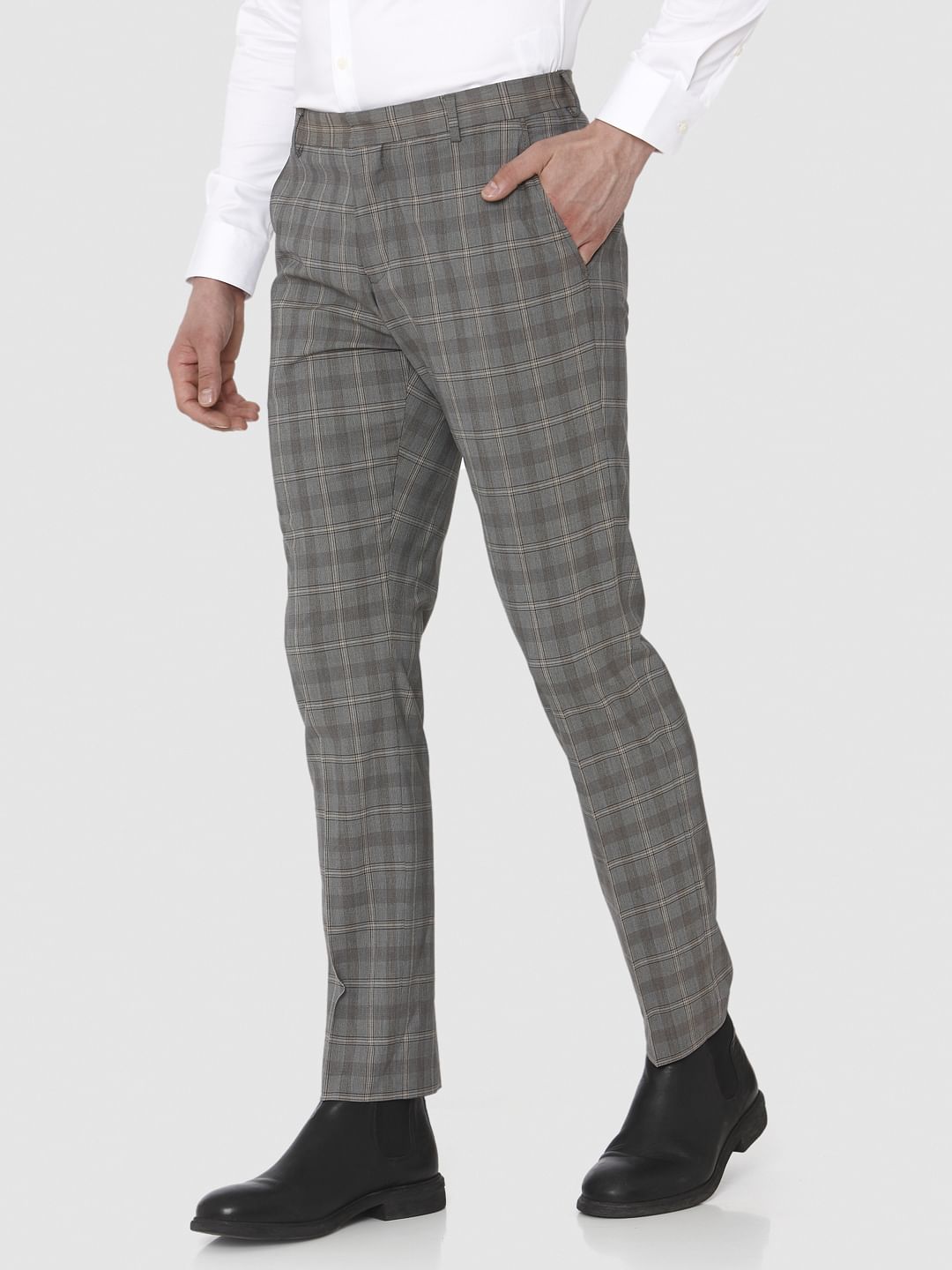 Grey Check Slim Fit Formal Trousers