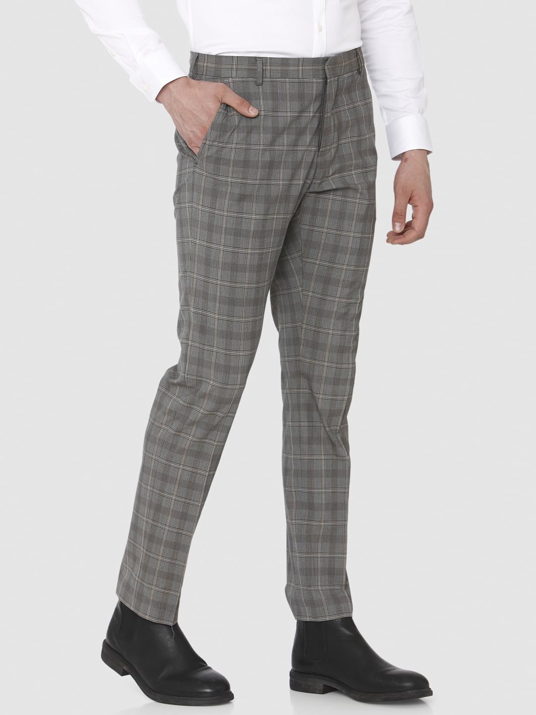 Grey Check Slim Fit Formal Trousers