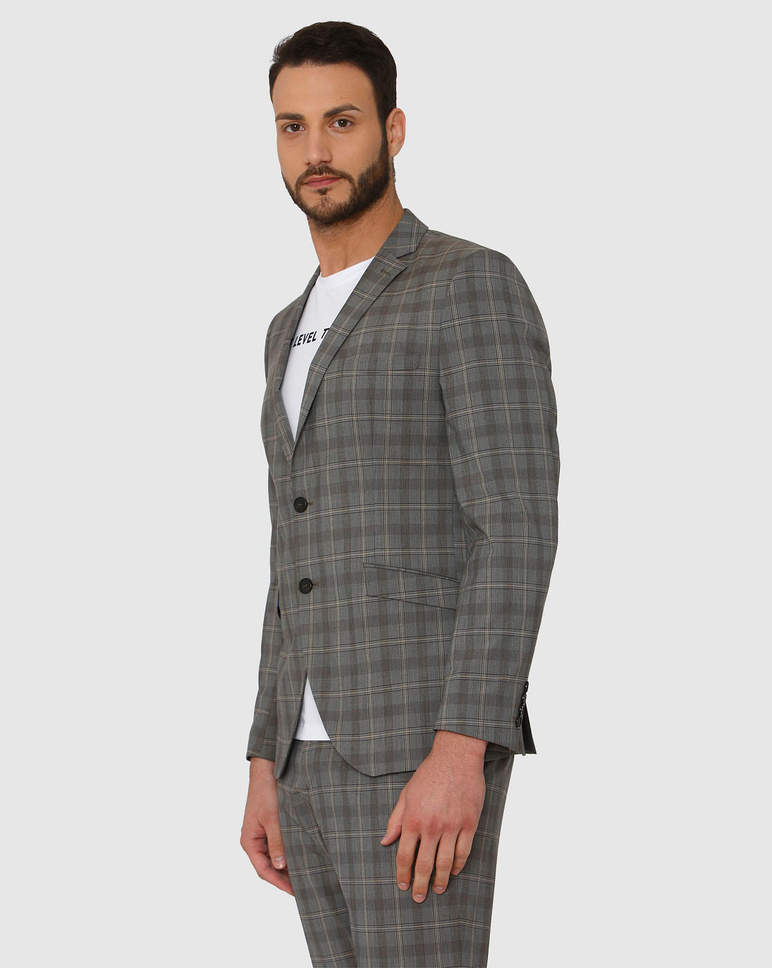 Grey Checks Double Button Slim Fit Blazer
