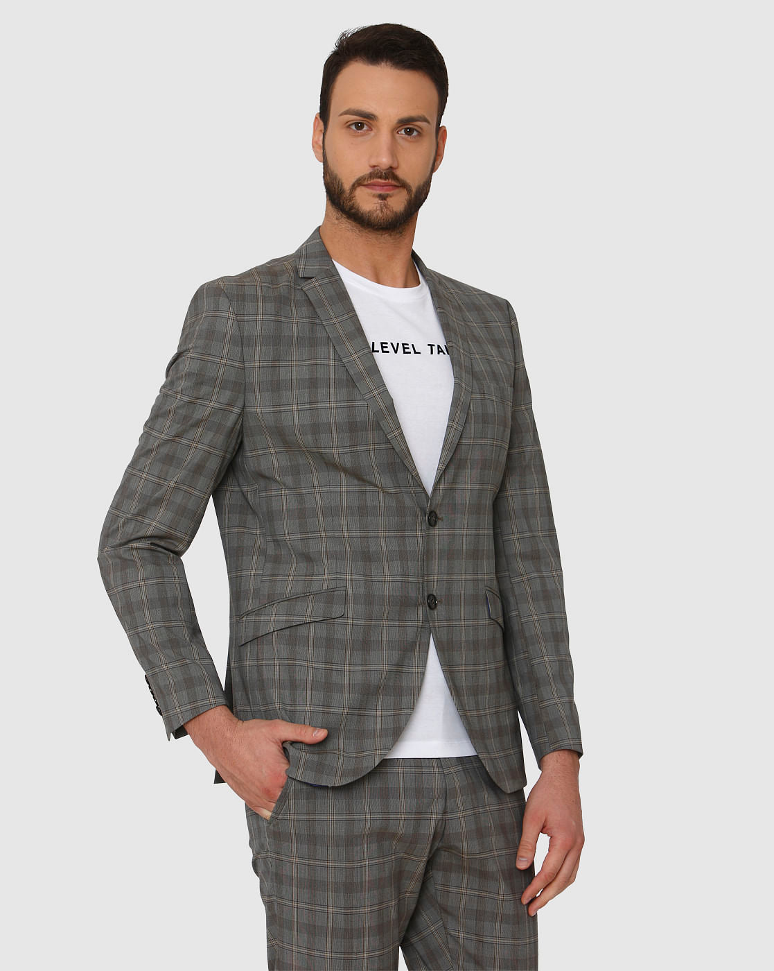 Grey Checks Double Button Slim Fit Blazer