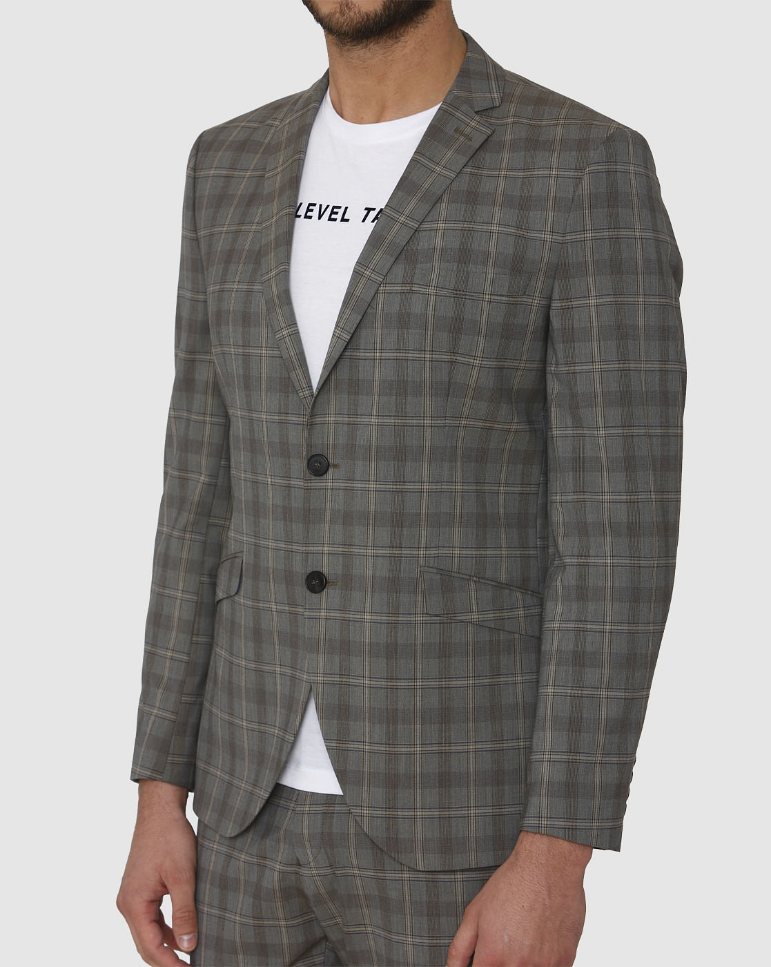 Grey Checks Double Button Slim Fit Blazer