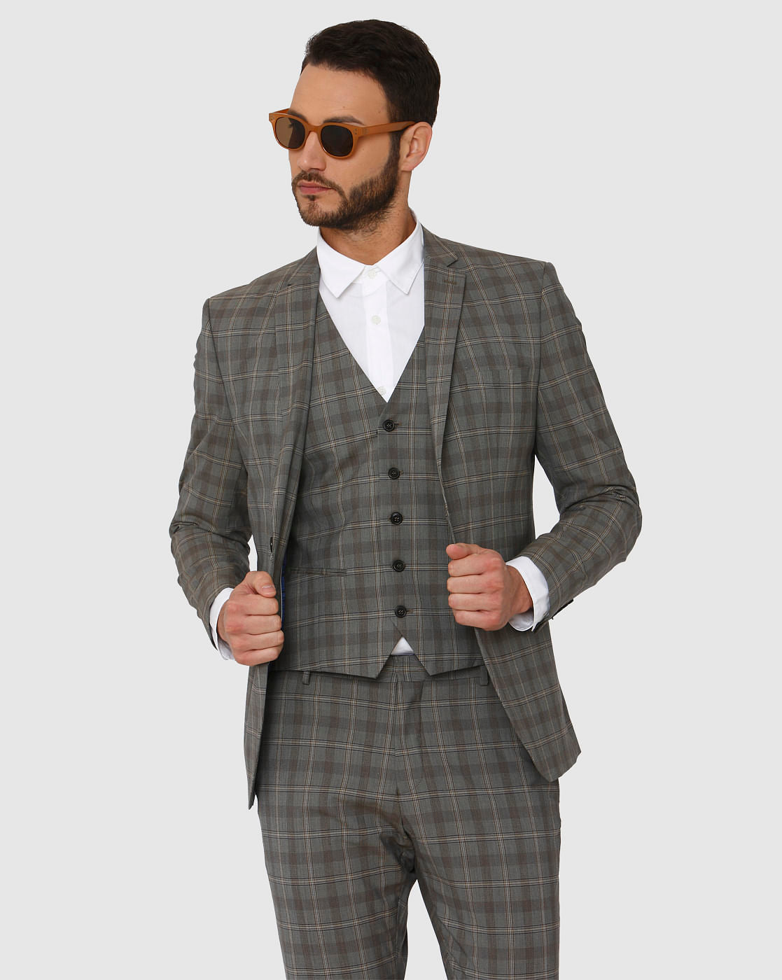 Grey Checks Slim Fit Waistcoat