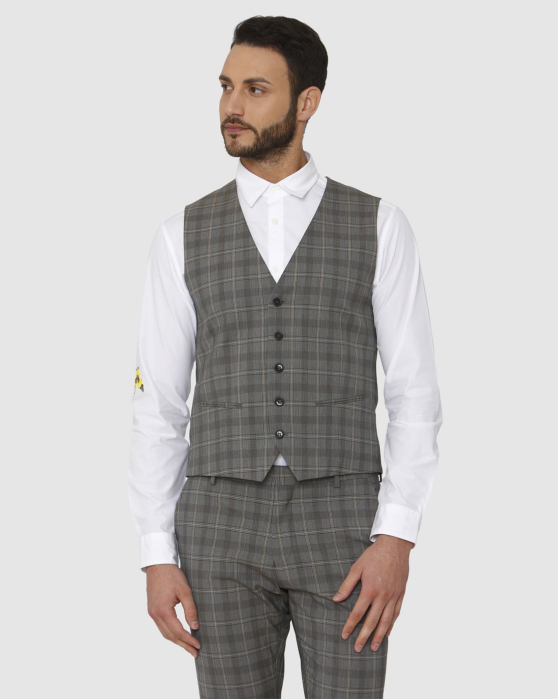 Grey Checks Slim Fit Waistcoat