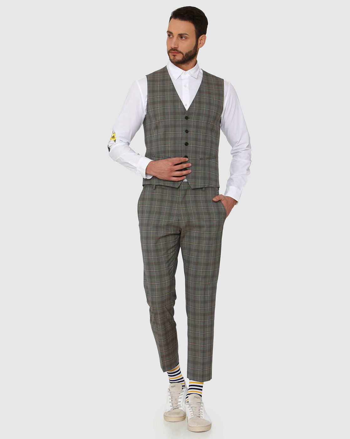 Grey Checks Slim Fit Waistcoat