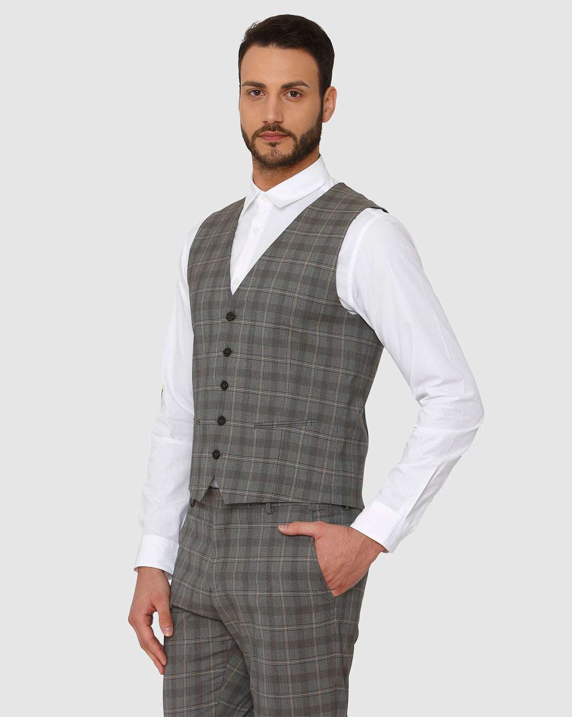 Grey Checks Slim Fit Waistcoat
