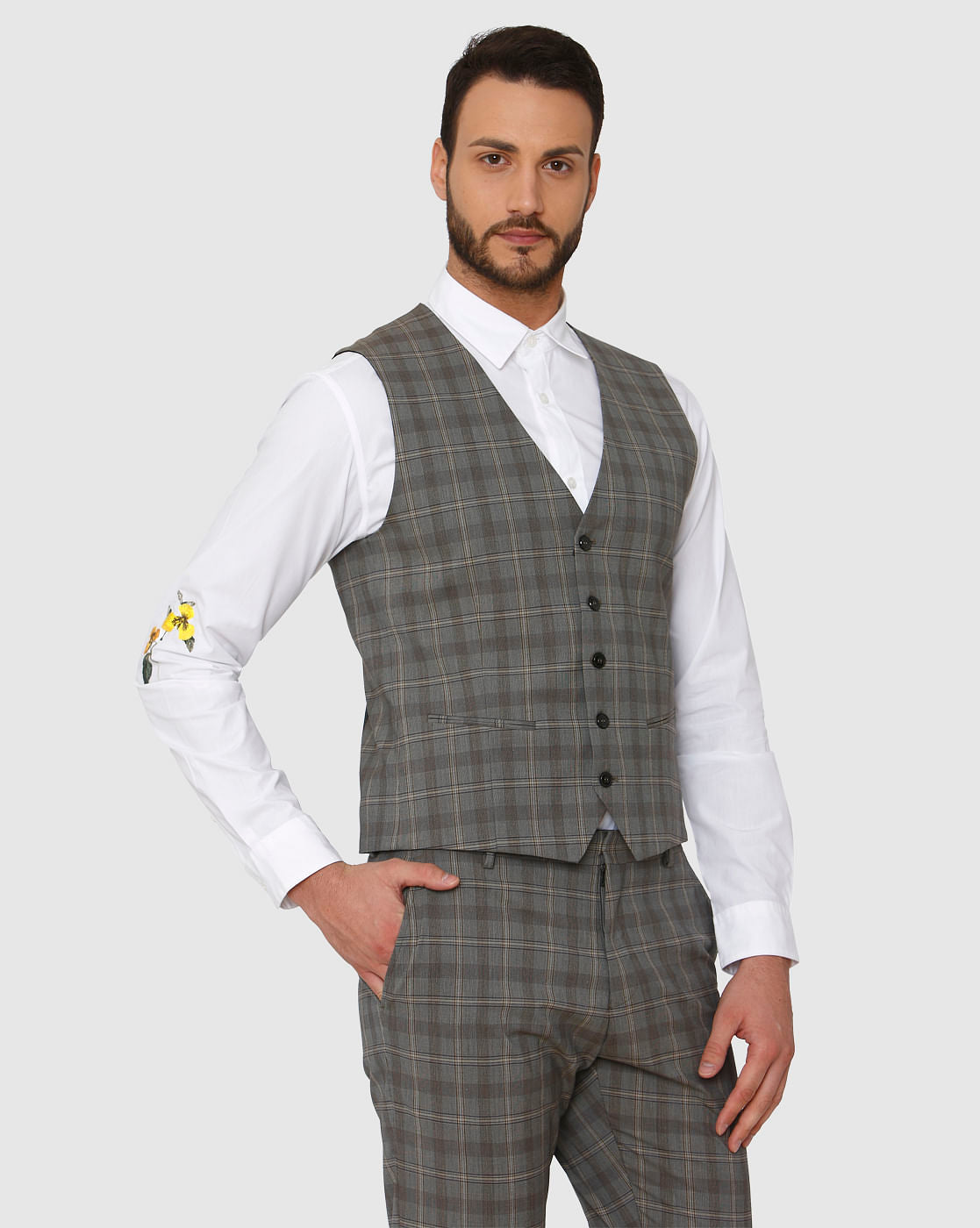 Grey Checks Slim Fit Waistcoat