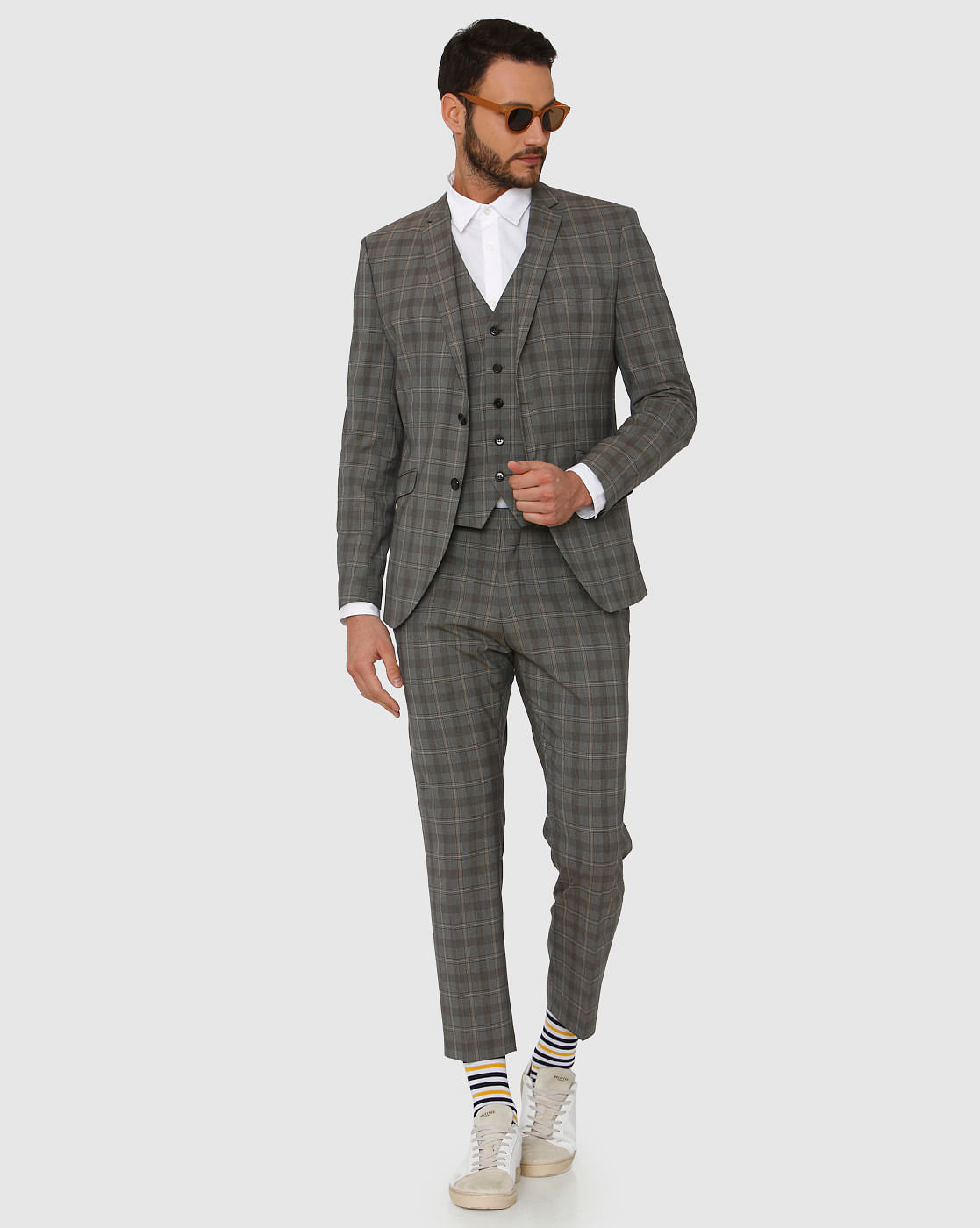Grey Checks Slim Fit Waistcoat