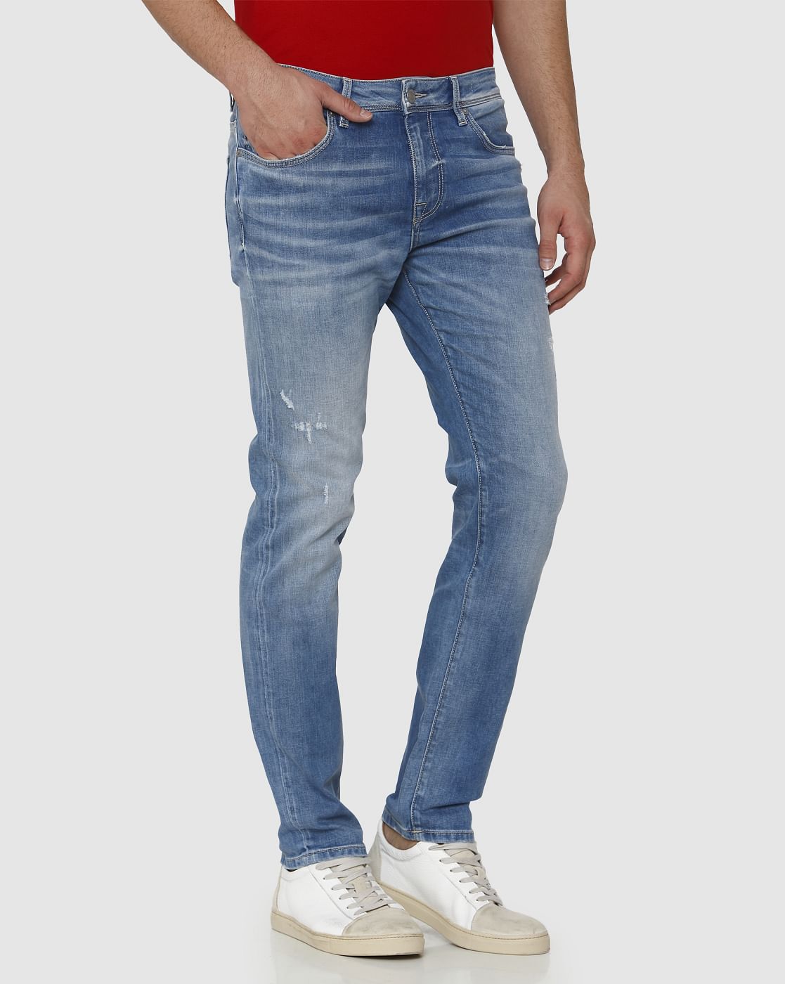 Light Blue Mid Rise Distressed Leon Slim Fit Jeans