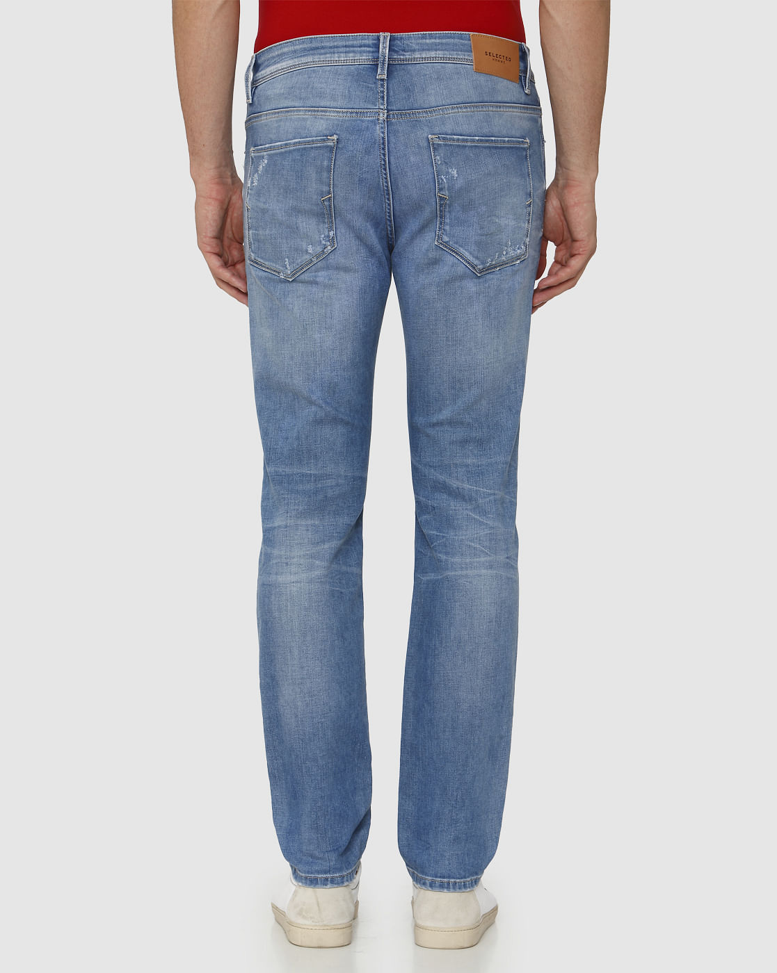 Light Blue Mid Rise Distressed Leon Slim Fit Jeans