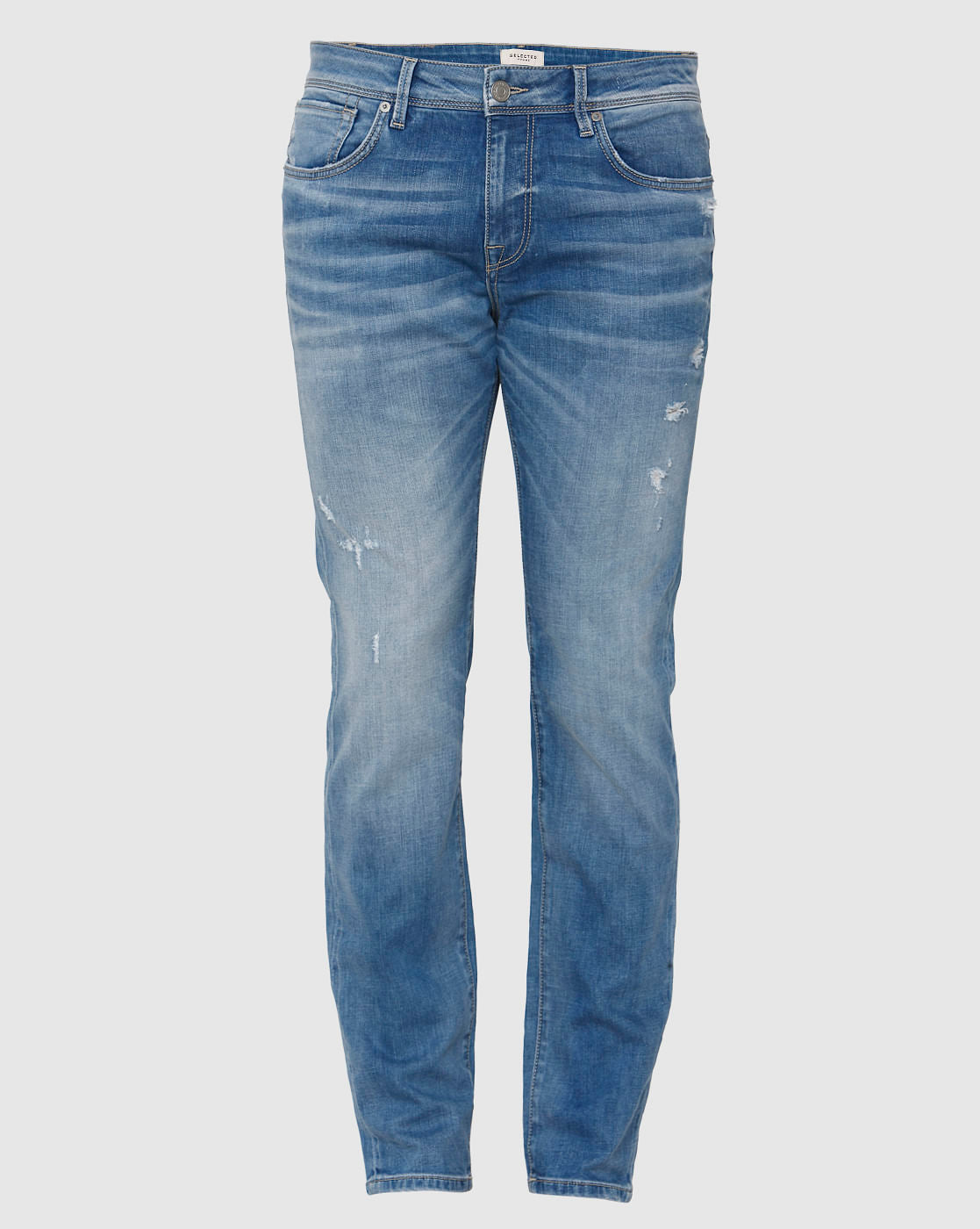 Light Blue Mid Rise Distressed Leon Slim Fit Jeans