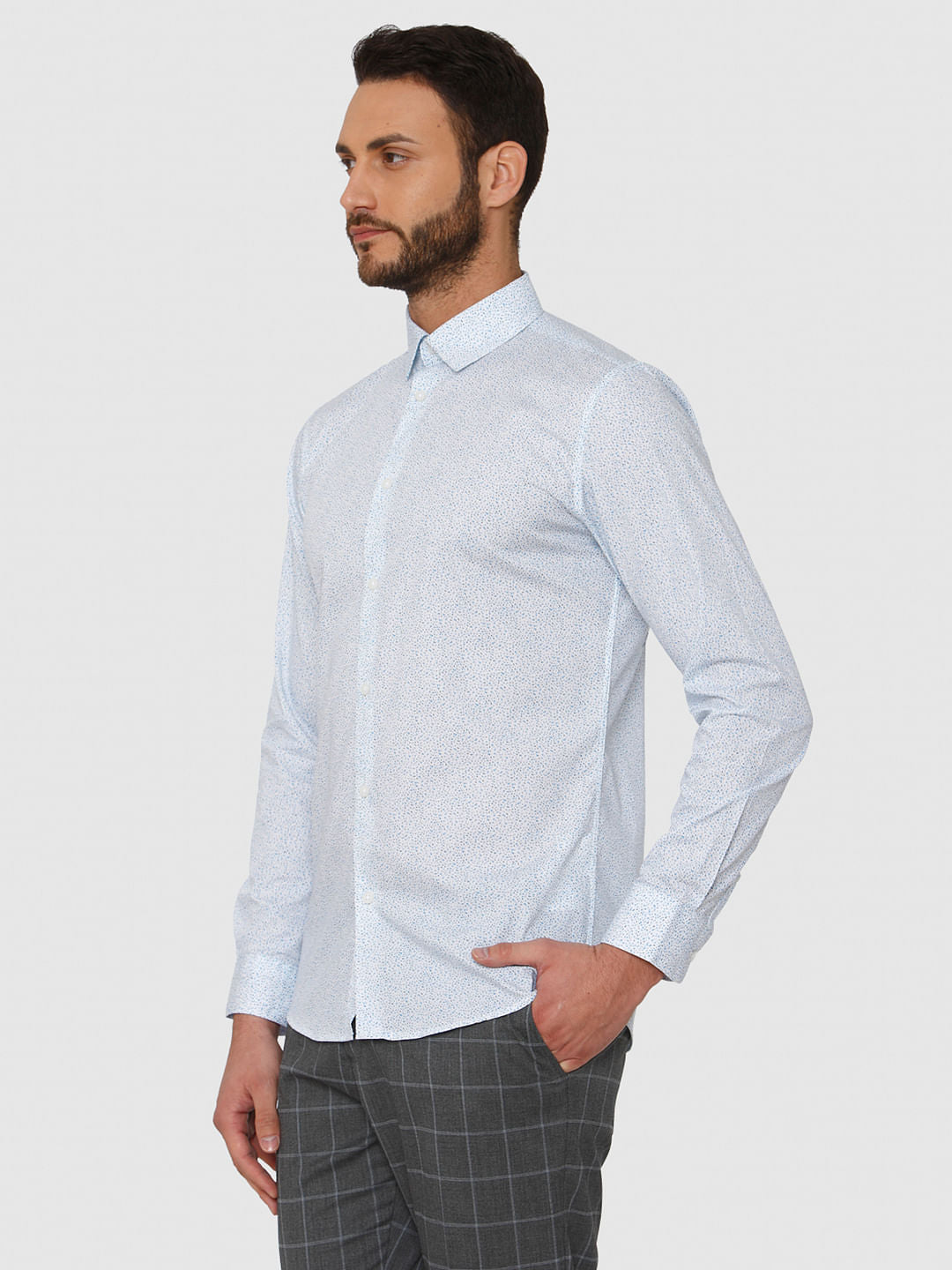 White All Over Print Slim Fit Full Sleeves Shirt