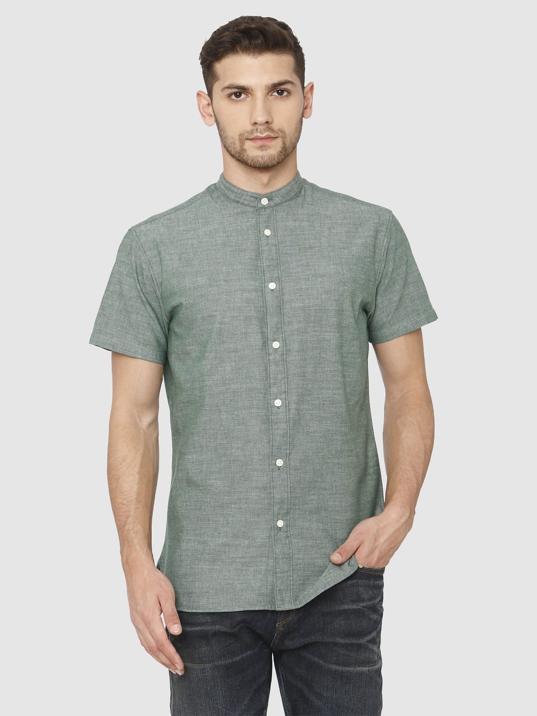 Green Slim Fit Short Sleeves Shirt