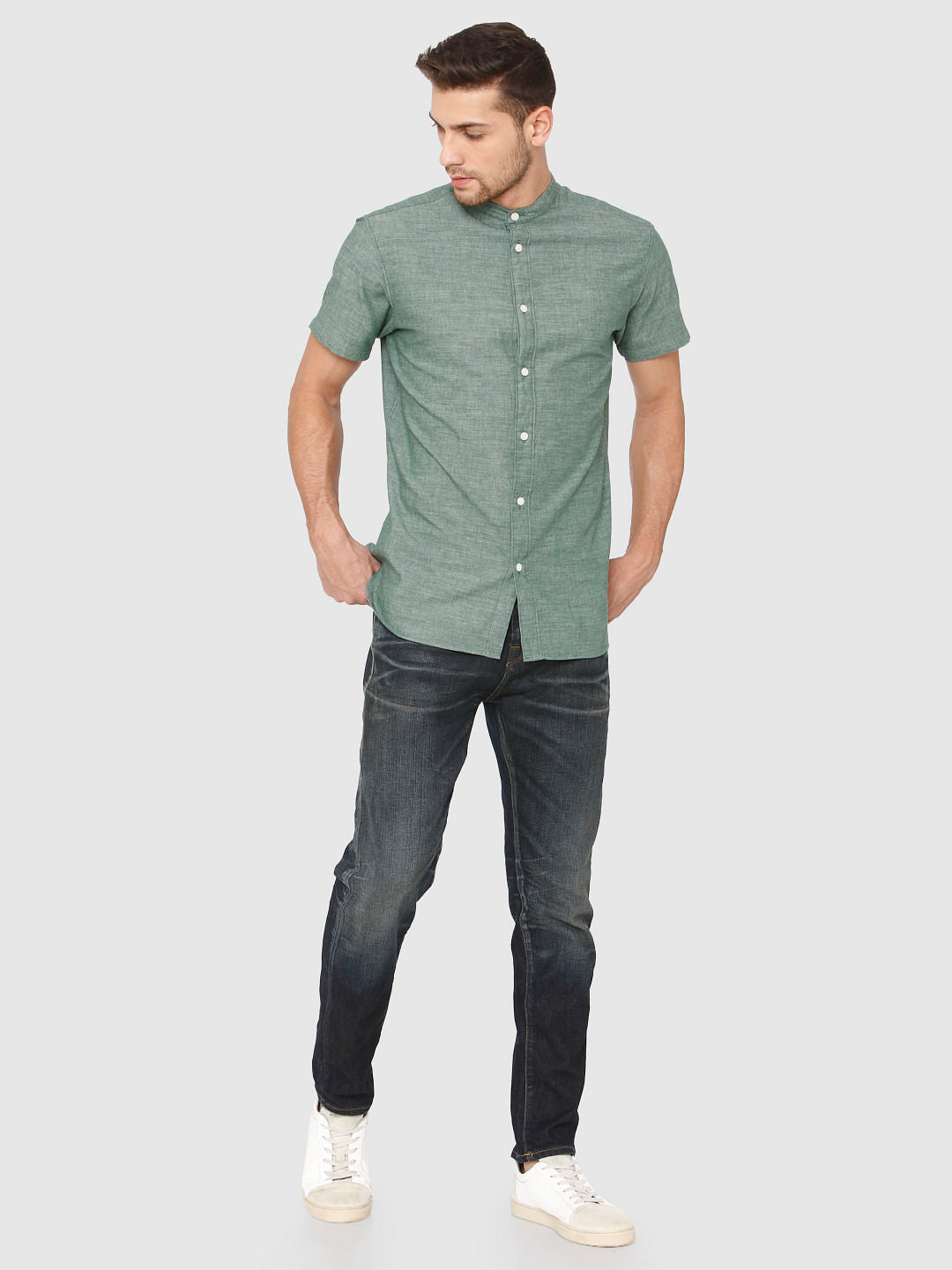 Green Slim Fit Short Sleeves Shirt