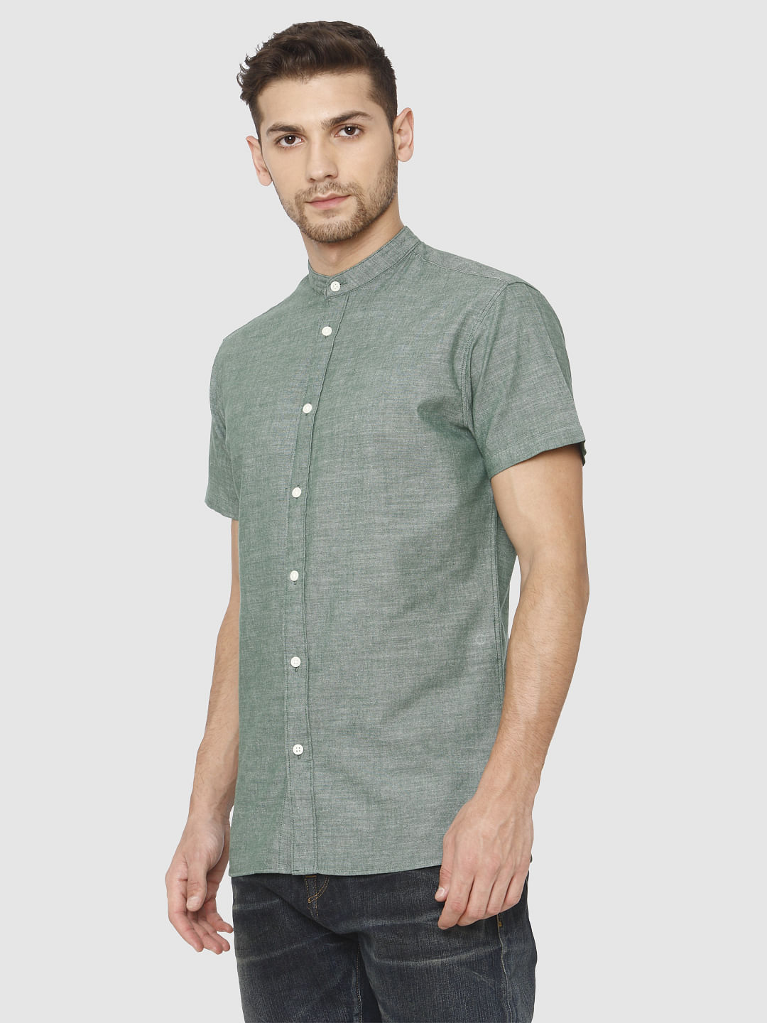 Green Slim Fit Short Sleeves Shirt