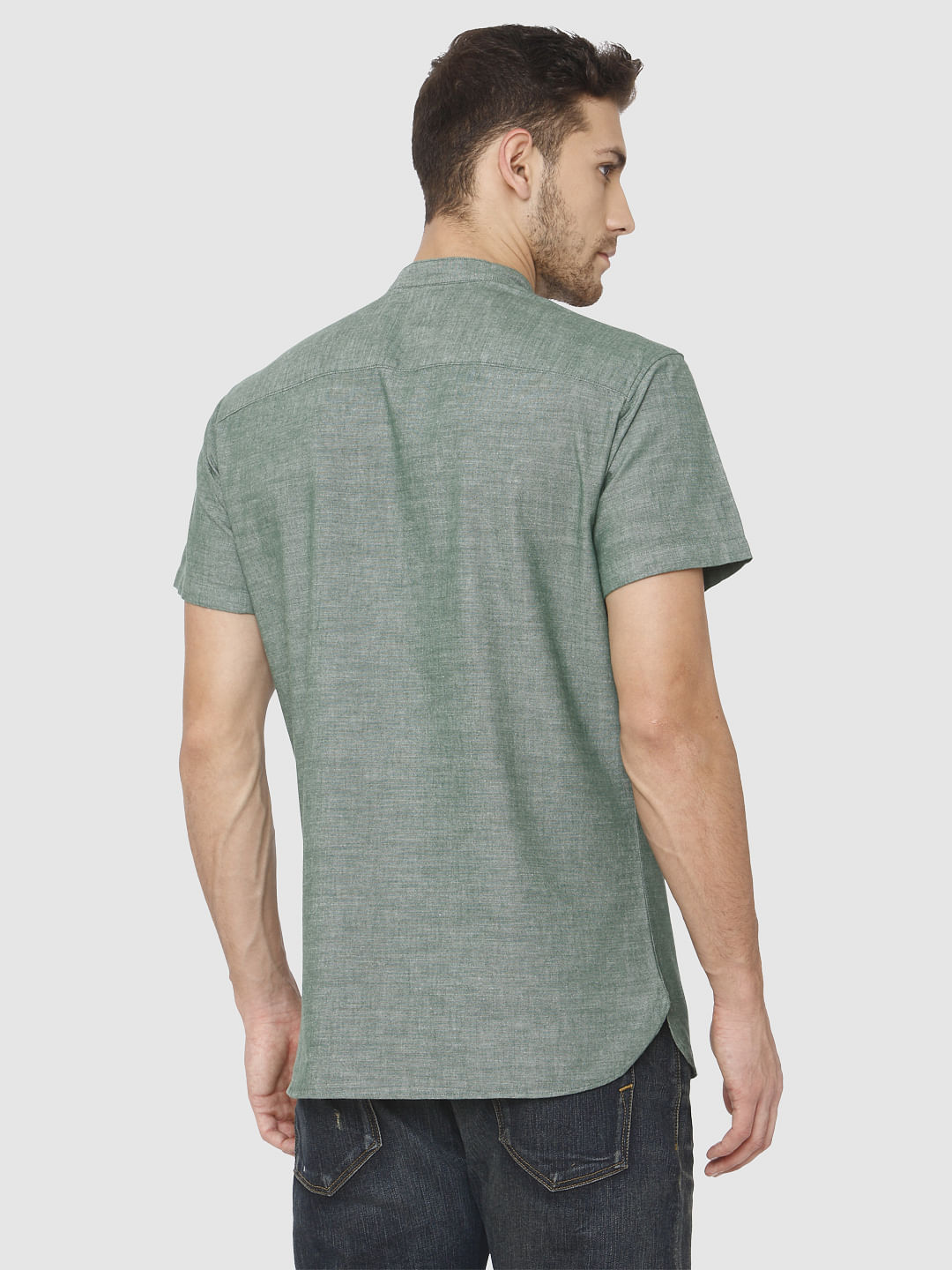 Green Slim Fit Short Sleeves Shirt