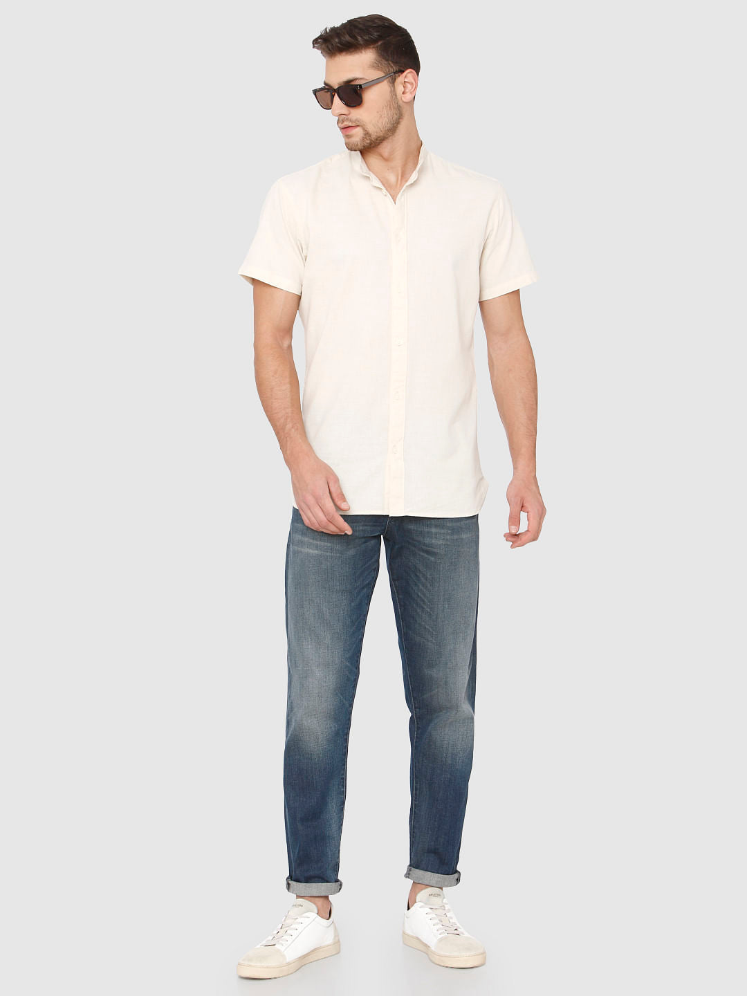Cream Slim Fit Short Sleeves Shirt