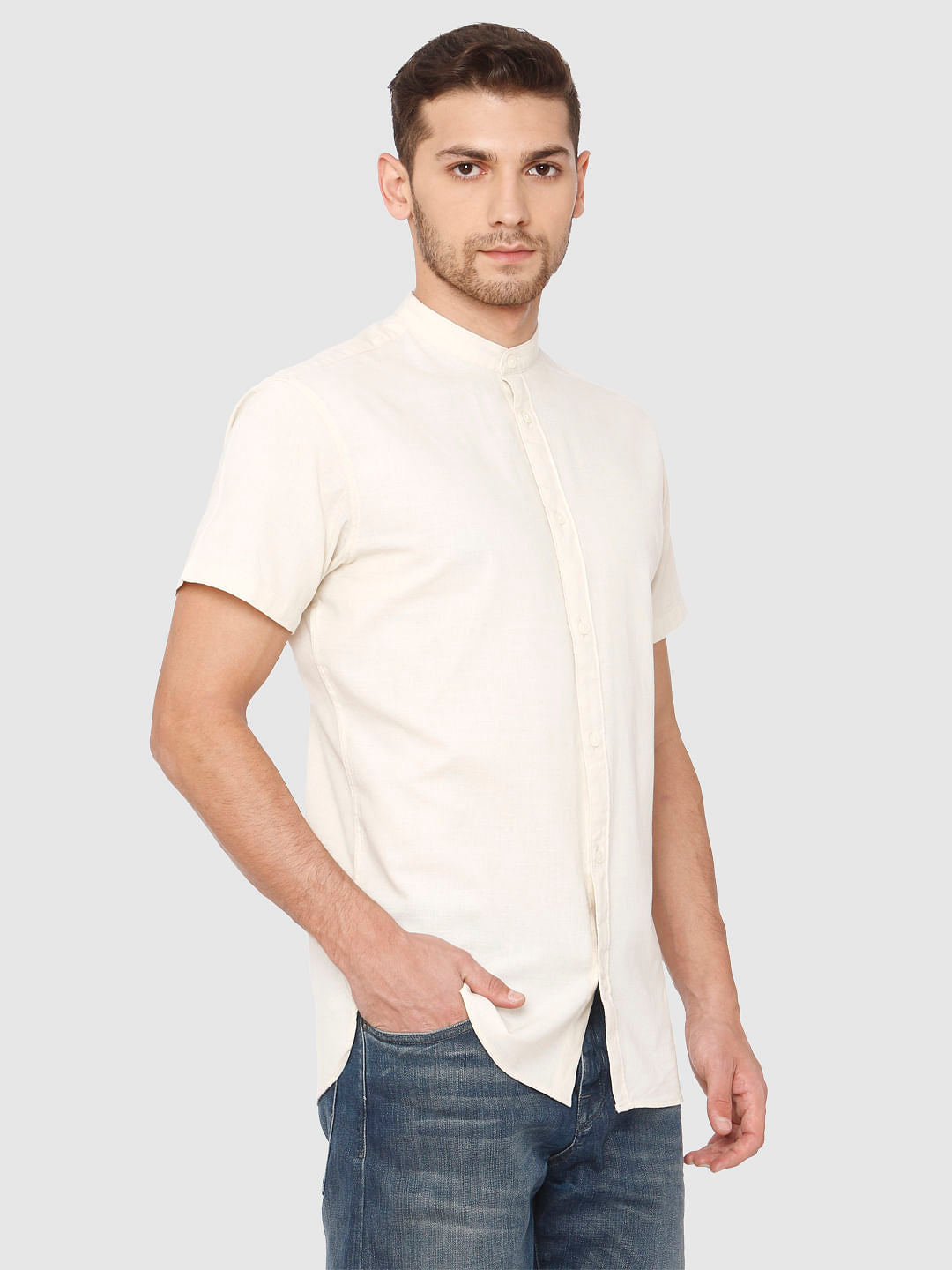 Cream Slim Fit Short Sleeves Shirt