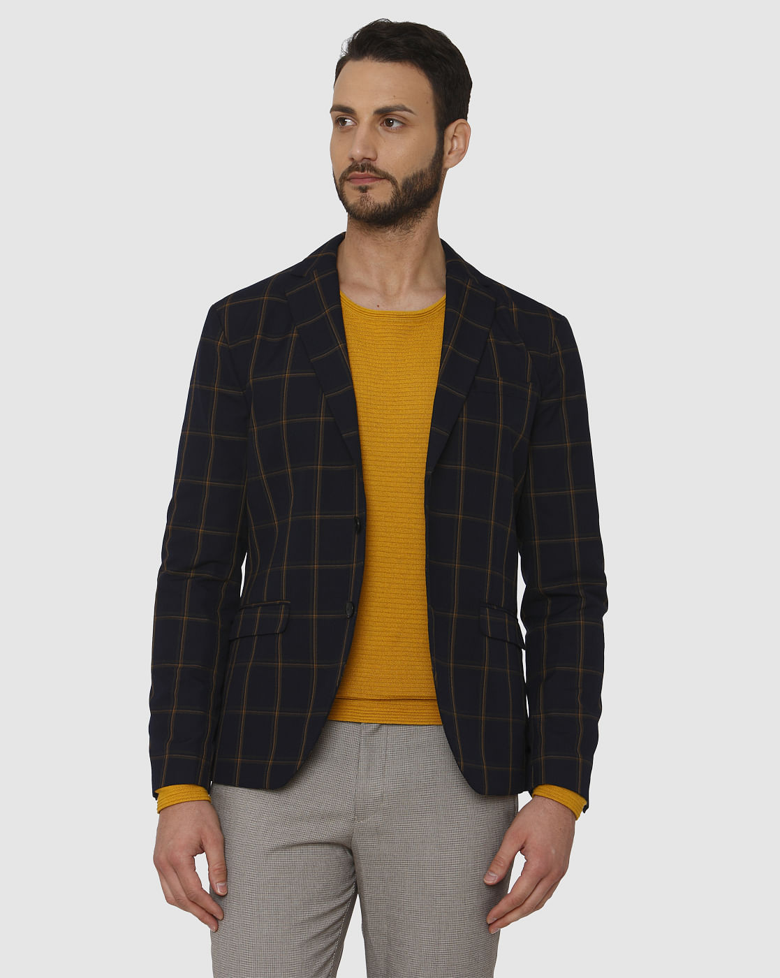 Navy Blue Checks Double Button Slim Fit Blazer
