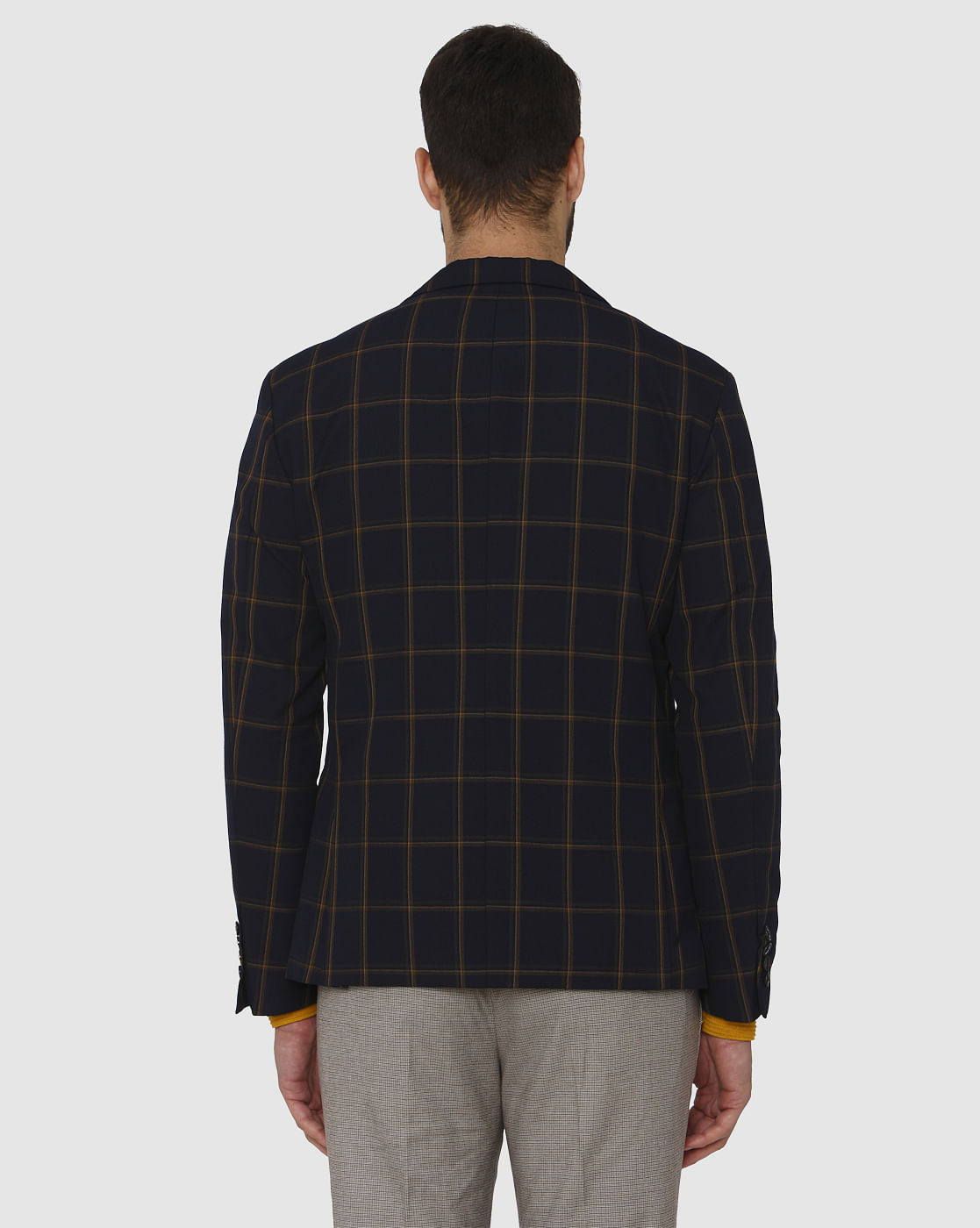 Navy Blue Checks Double Button Slim Fit Blazer
