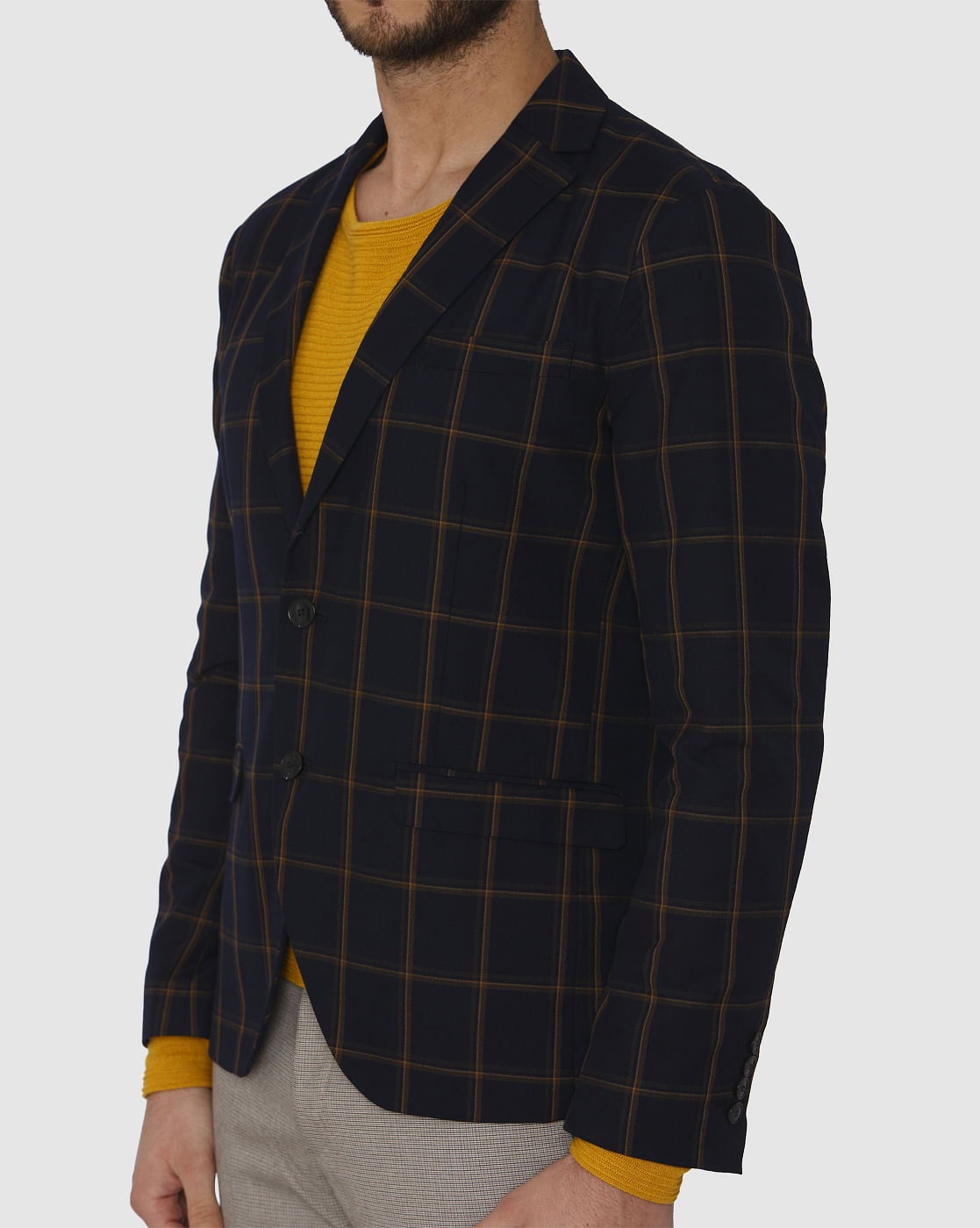 Navy Blue Checks Double Button Slim Fit Blazer