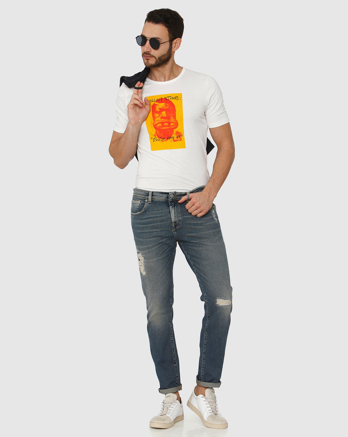Blue Mid Rise Mildly Distressed Leon Slim Fit Jeans