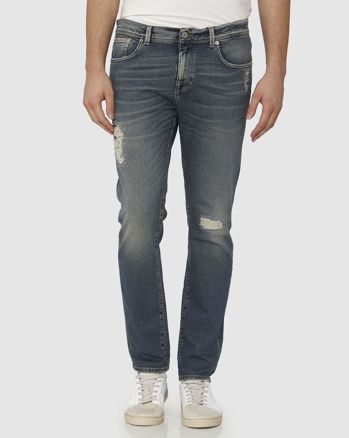 Blue Mid Rise Mildly Distressed Leon Slim Fit Jeans