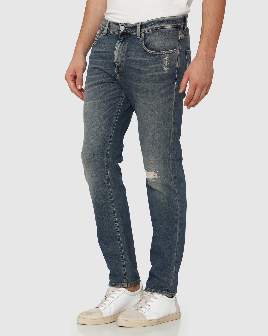 Blue Mid Rise Mildly Distressed Leon Slim Fit Jeans