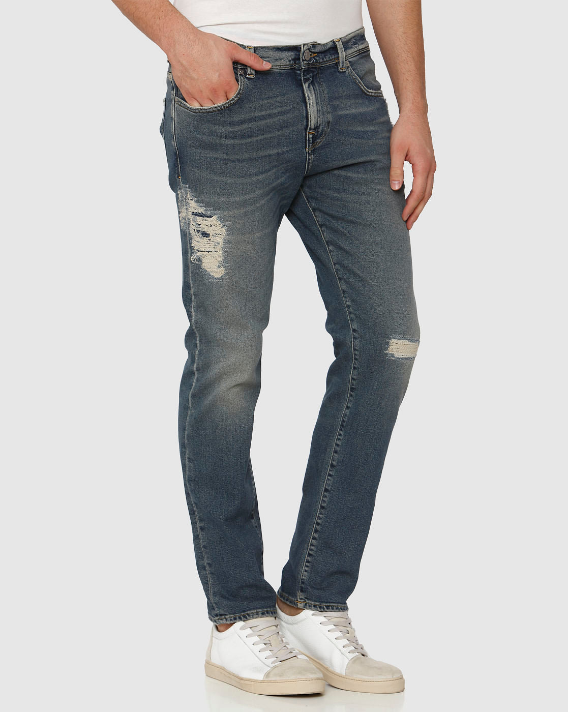Blue Mid Rise Mildly Distressed Leon Slim Fit Jeans
