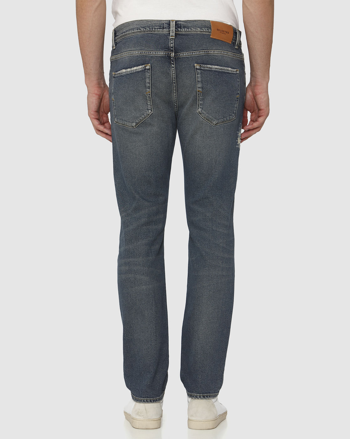 Blue Mid Rise Mildly Distressed Leon Slim Fit Jeans