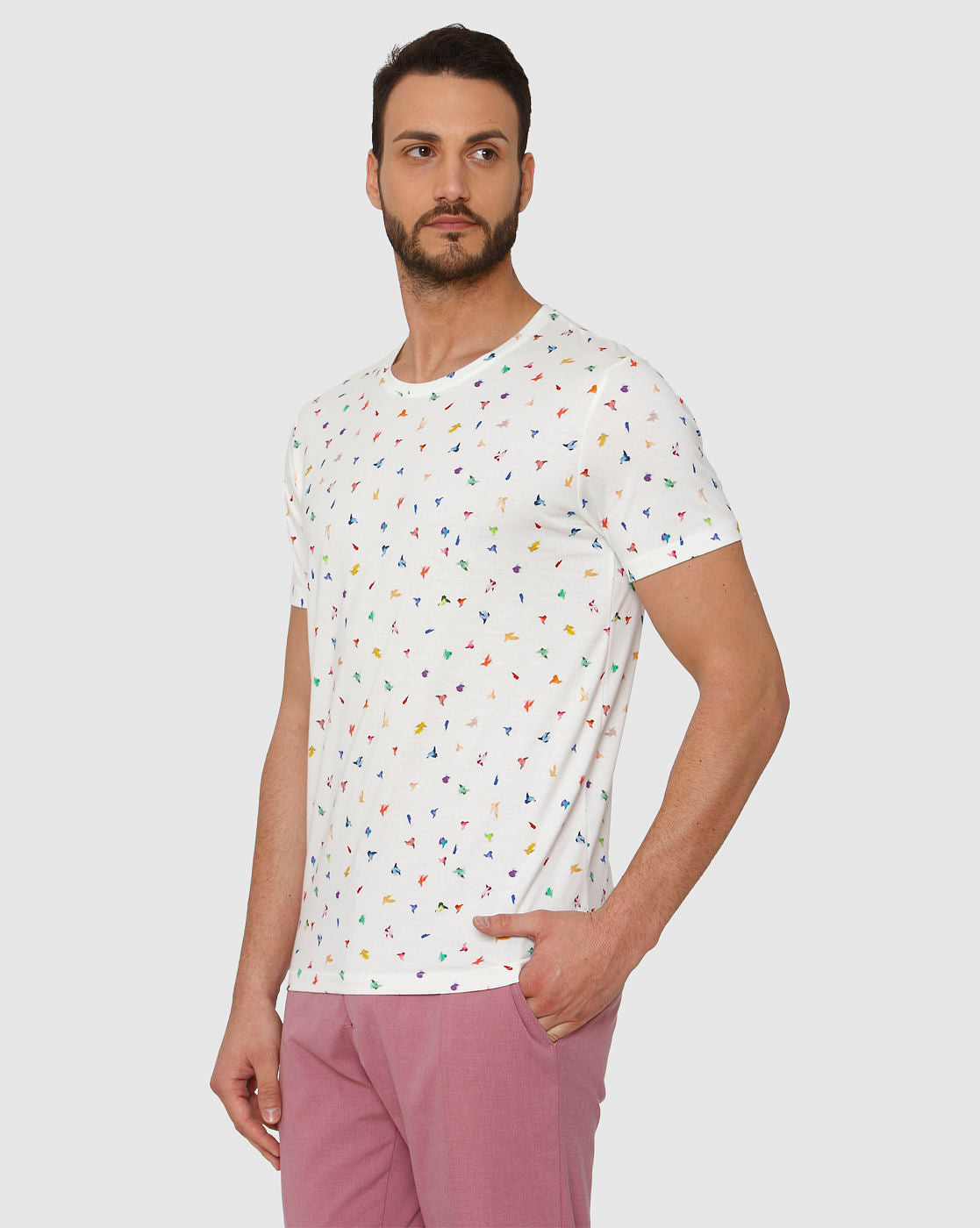 White All Over Bird Graphic Print Crew Neck T-Shirt