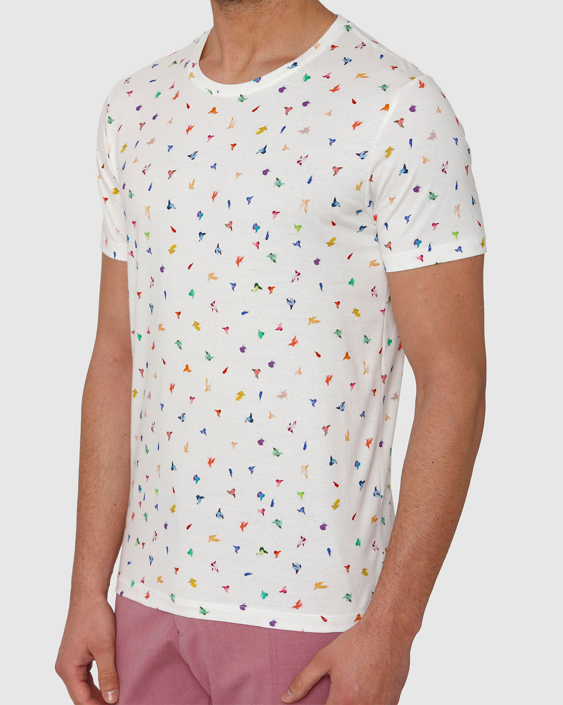 White All Over Bird Graphic Print Crew Neck T-Shirt