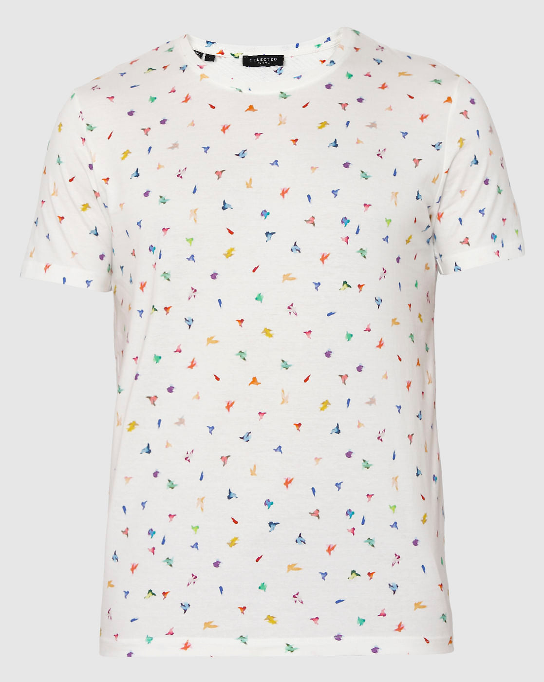 White All Over Bird Graphic Print Crew Neck T-Shirt