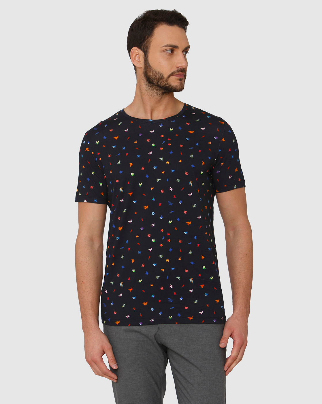 Blue All Over Bird Graphic Print Crew Neck T-Shirt