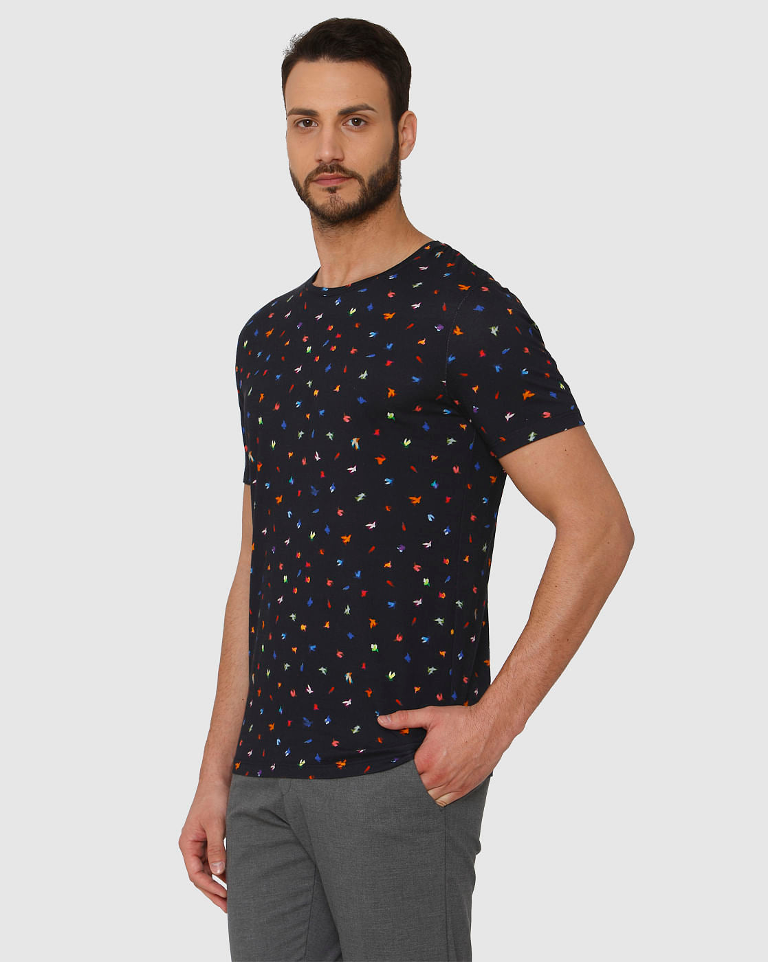 Blue All Over Bird Graphic Print Crew Neck T-Shirt