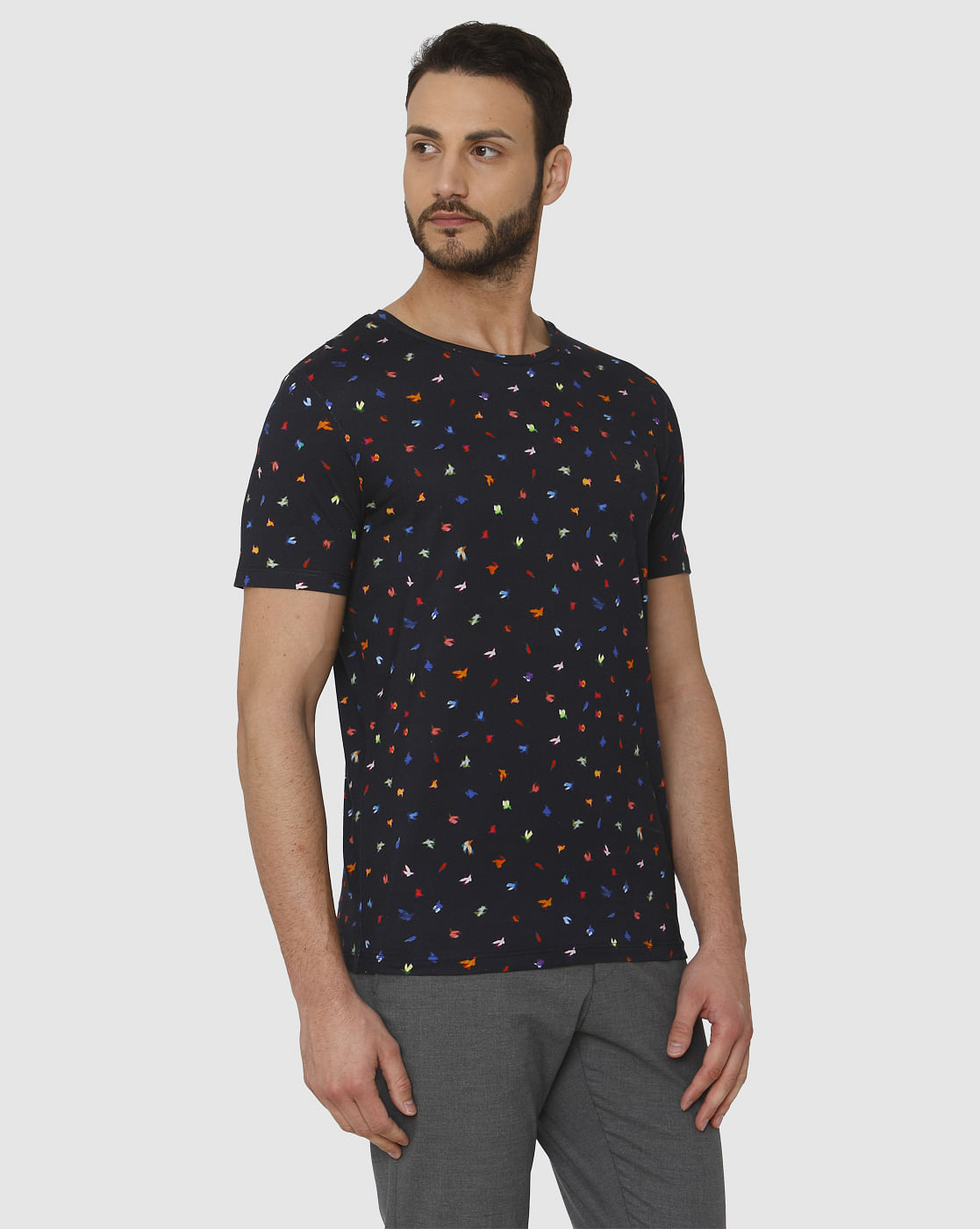 Blue All Over Bird Graphic Print Crew Neck T-Shirt