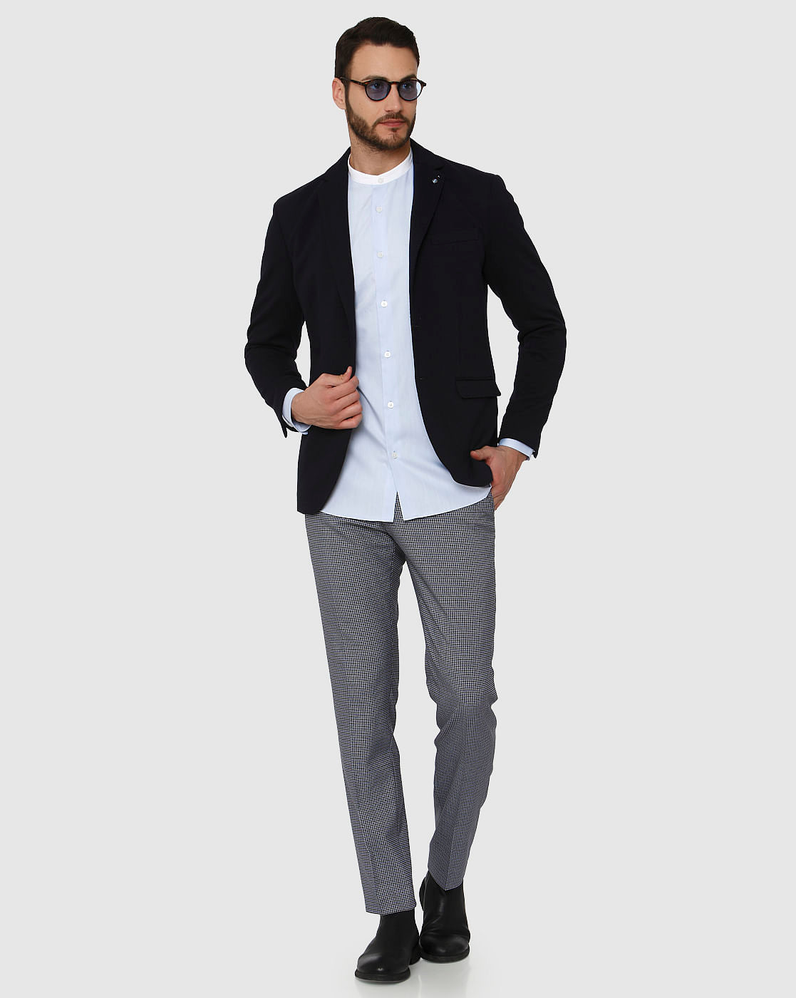 Light Blue Contrast Collar Detail Slim Fit Full Sleeves Shirt