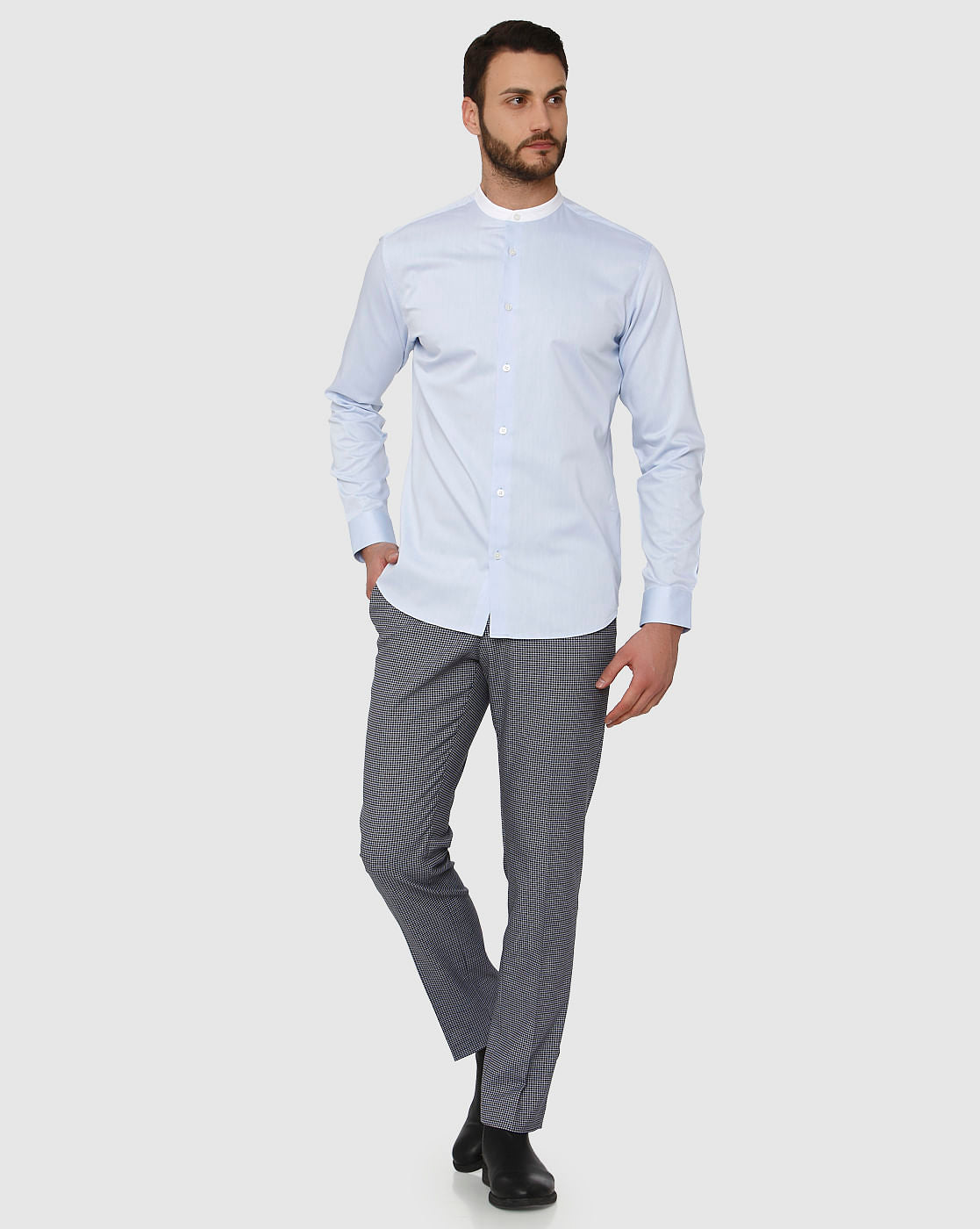 Light Blue Contrast Collar Detail Slim Fit Full Sleeves Shirt