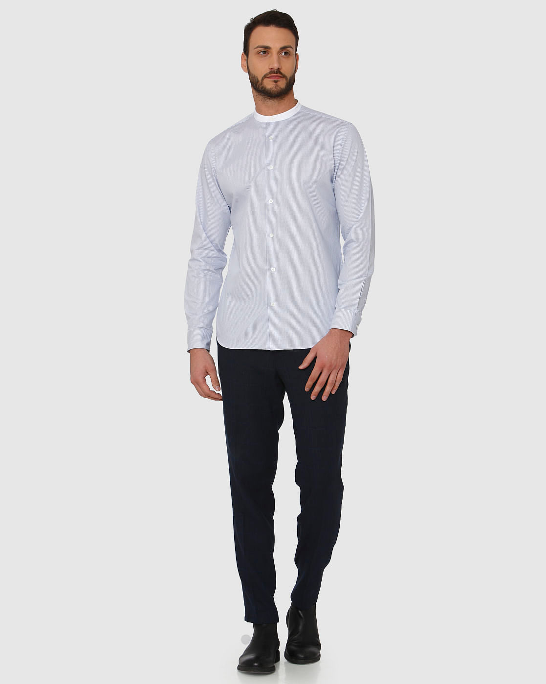 Light Blue Striped Contrast Collar Detail Slim Fit Full Sleeves Formal Shirt
