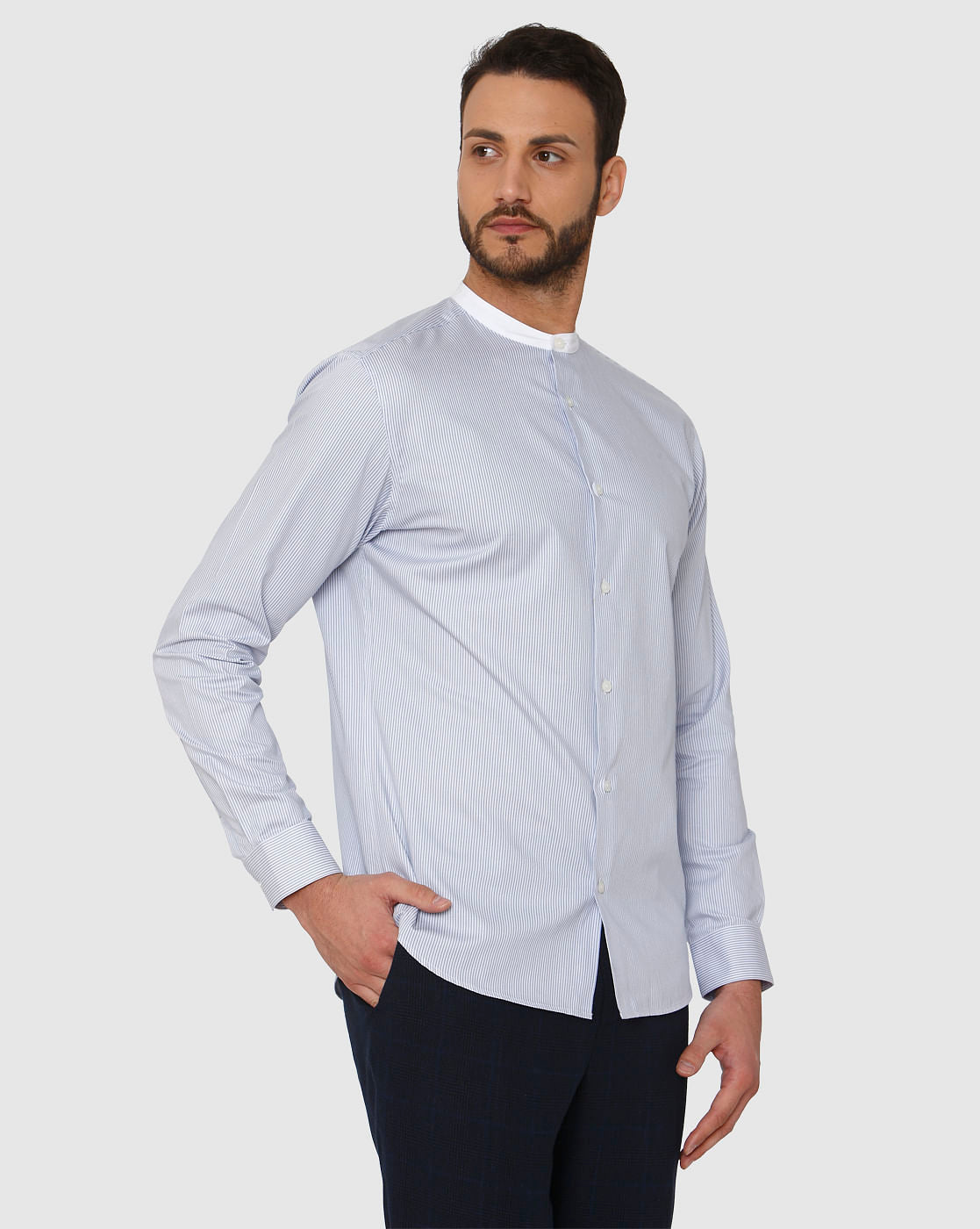 Light Blue Striped Contrast Collar Detail Slim Fit Full Sleeves Formal Shirt