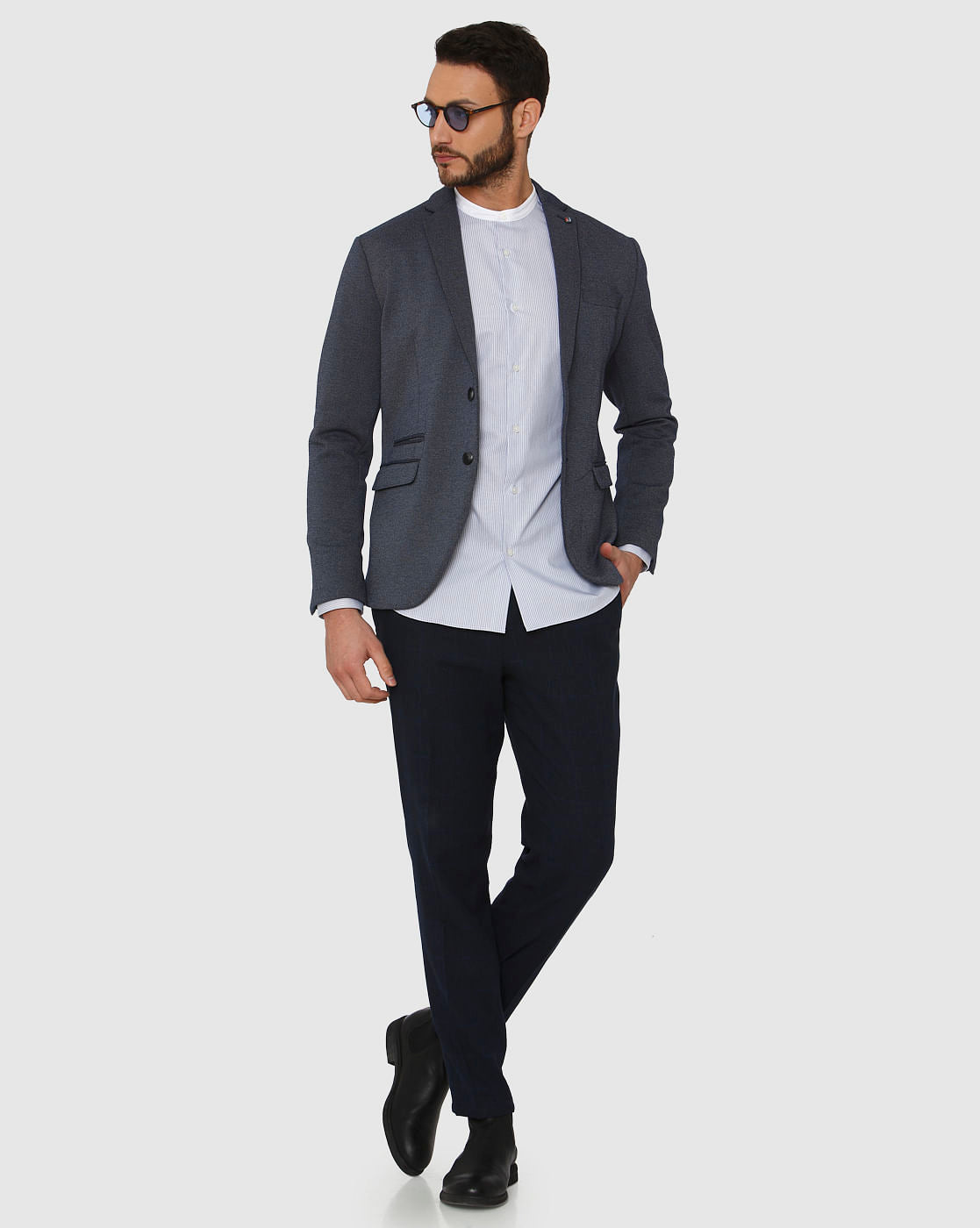 Light Blue Striped Contrast Collar Detail Slim Fit Full Sleeves Formal Shirt