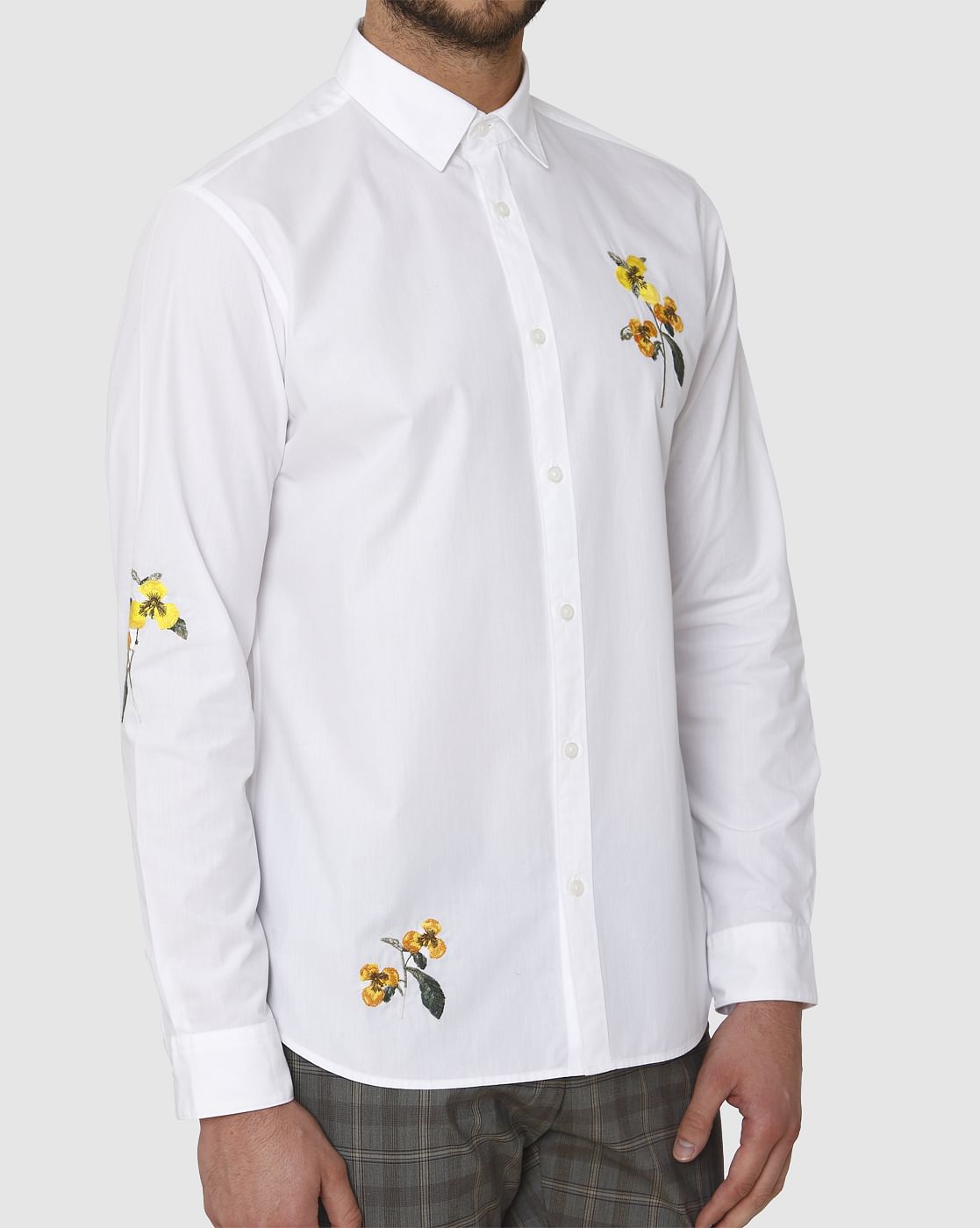 White Floral Embroidered Full Sleeves Shirt