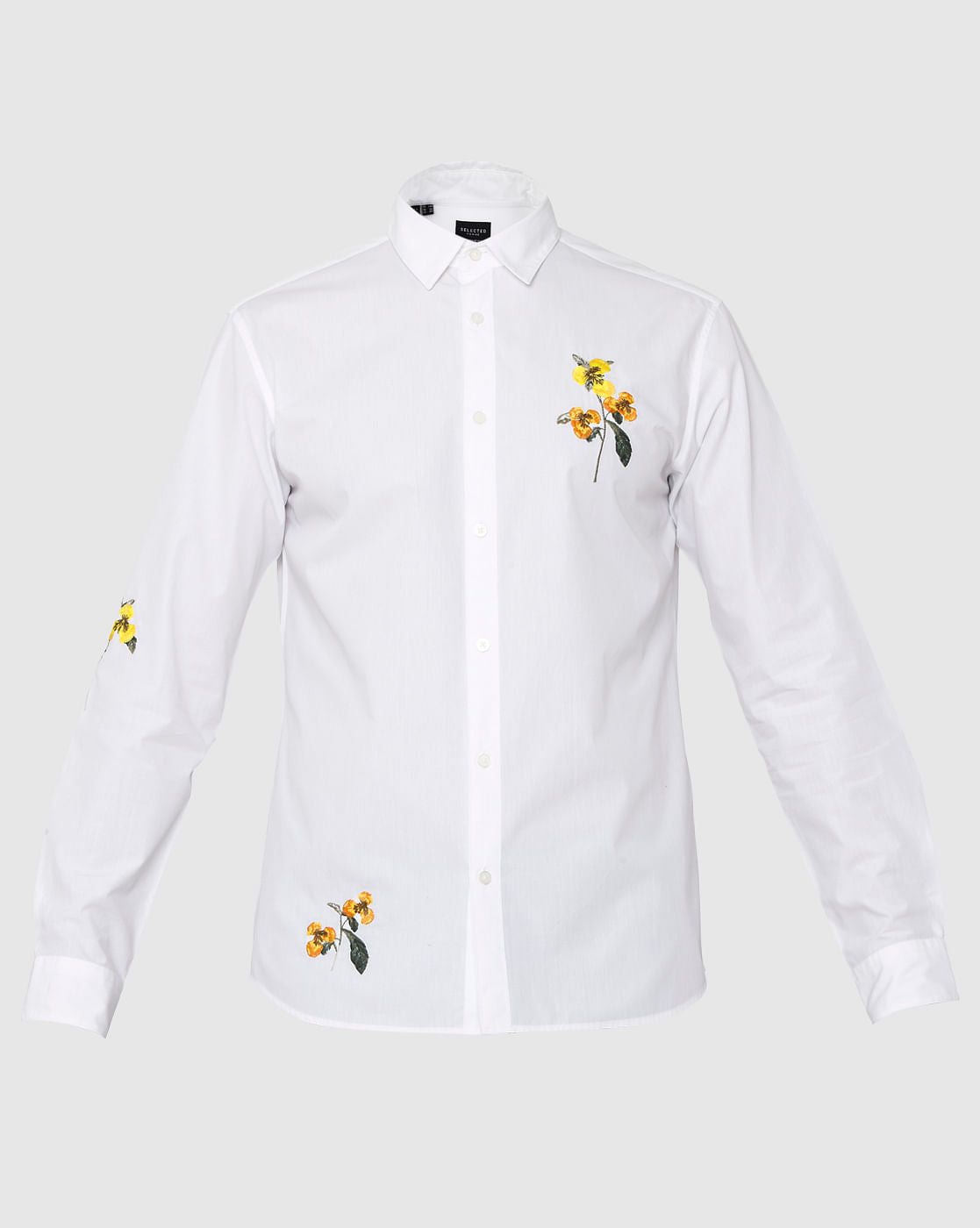 White Floral Embroidered Full Sleeves Shirt