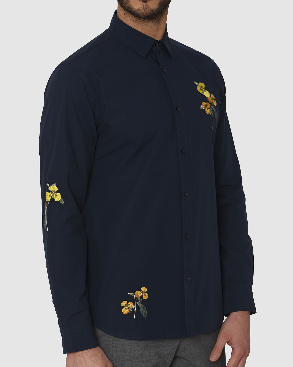 Blue Floral Embroidered Full Sleeves Shirt
