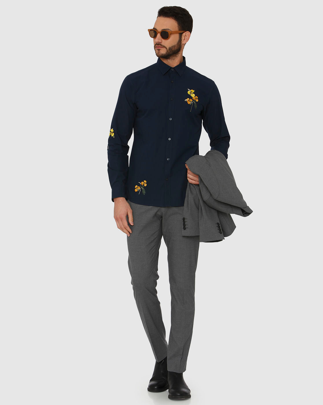 Blue Floral Embroidered Full Sleeves Shirt